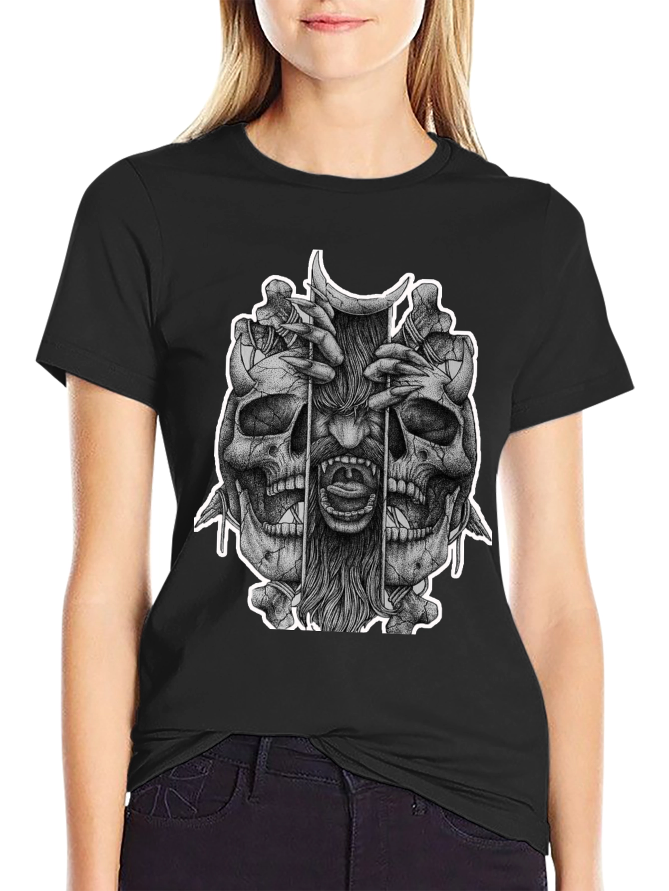 Skull & Demon Graphic Tee - Black Cotton T-Shirt