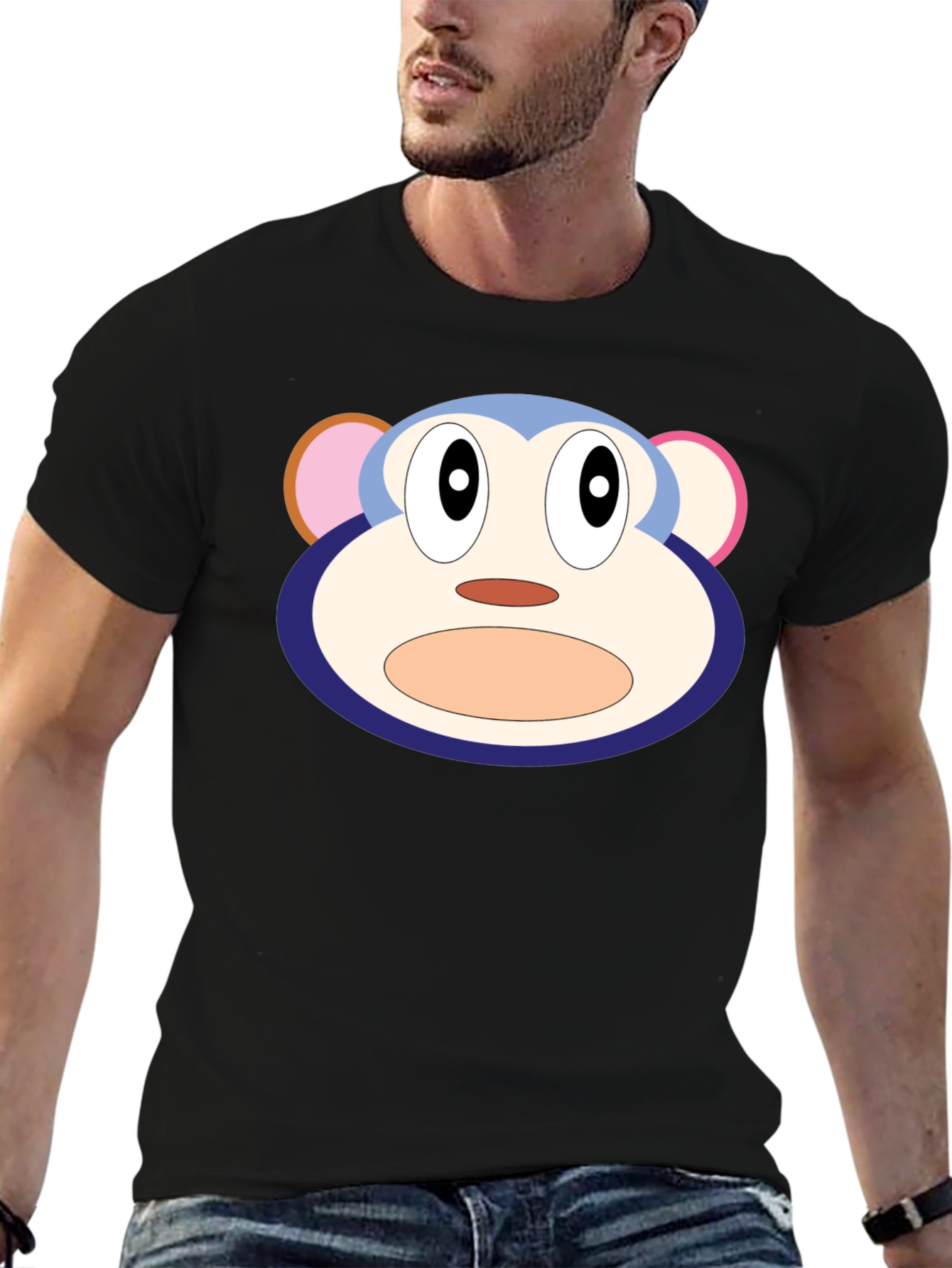 Cartoon Monkey Face Black T-Shirt