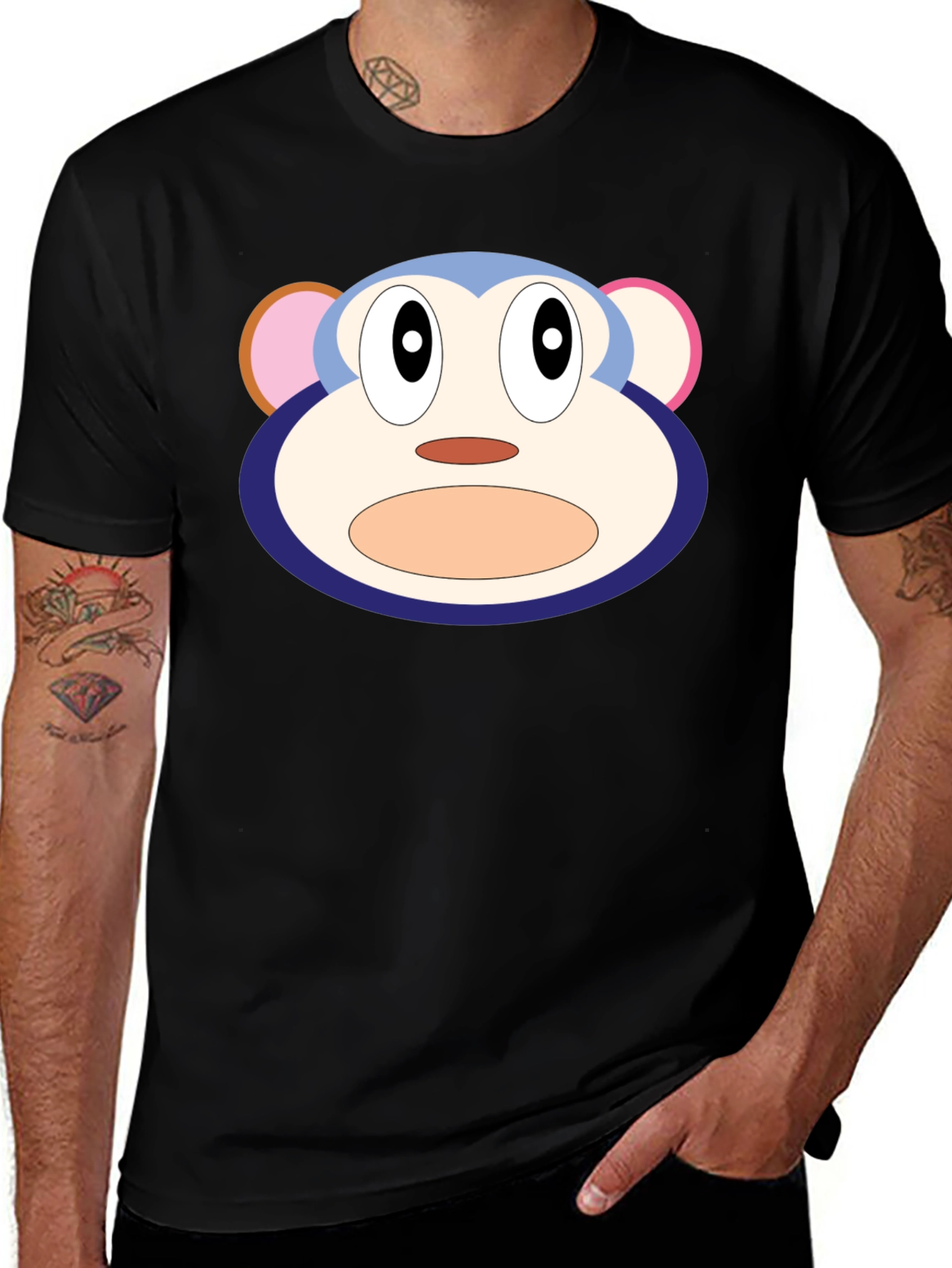 Cartoon Monkey Face Black T-Shirt
