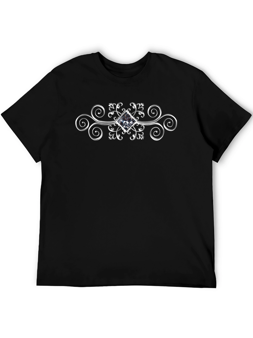 Elegant Silver Diamond Swirl Graphic Black T-Shirt
