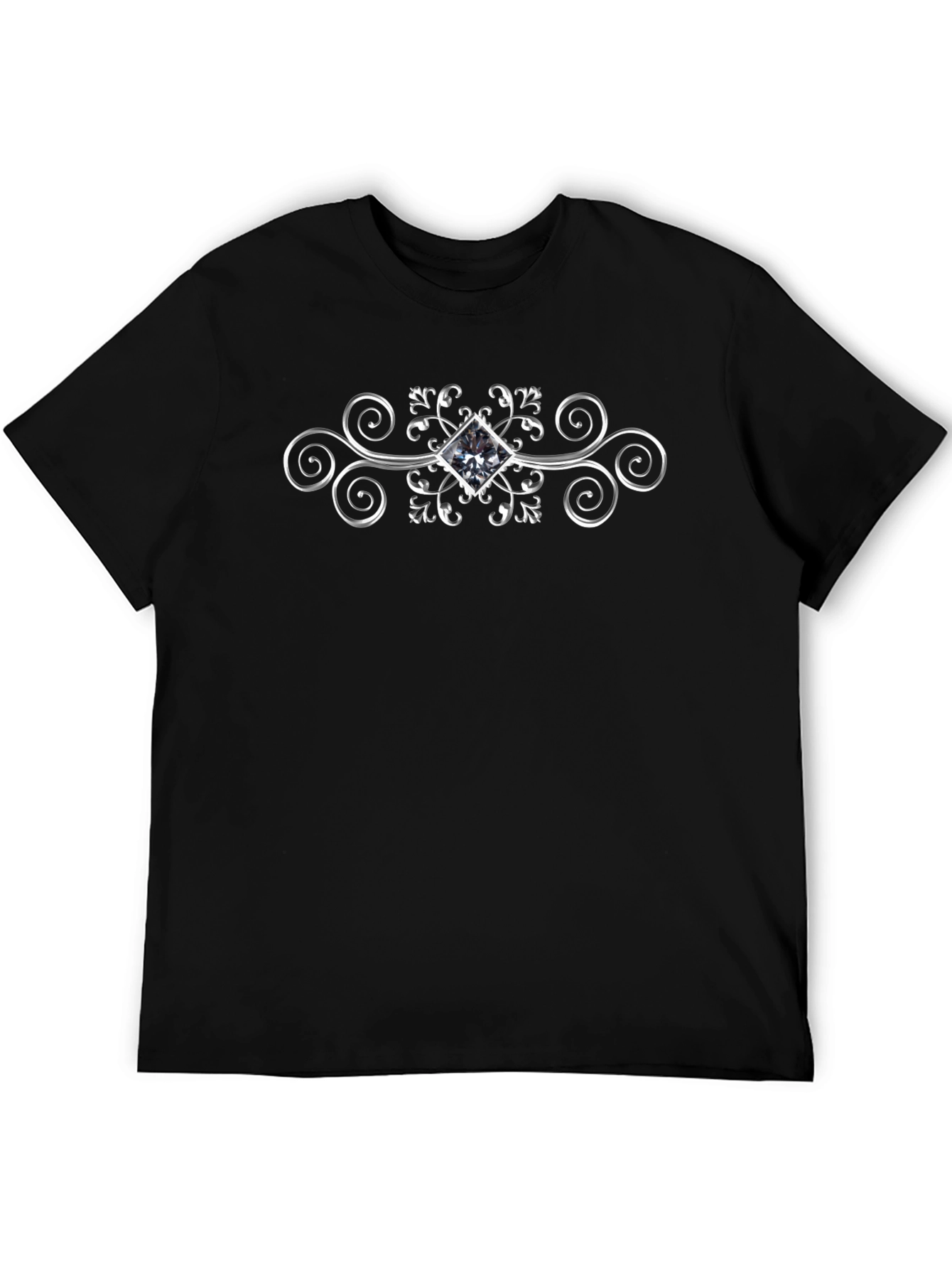 Elegant Silver Diamond Swirl Graphic Black T-Shirt