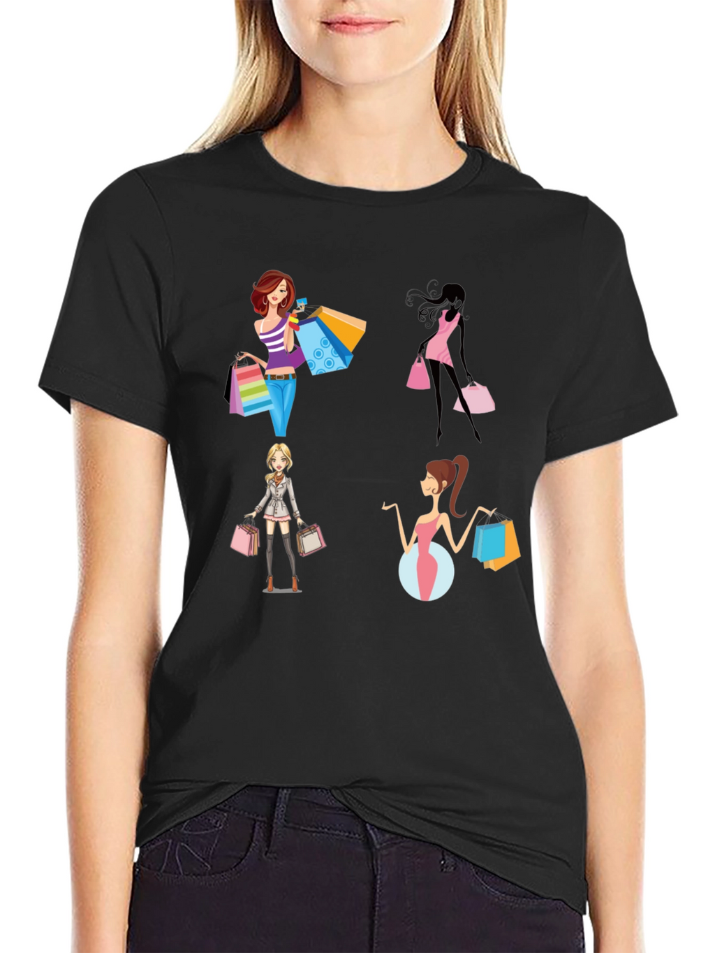 Stylish Shopping Women Graphic Tee - Black