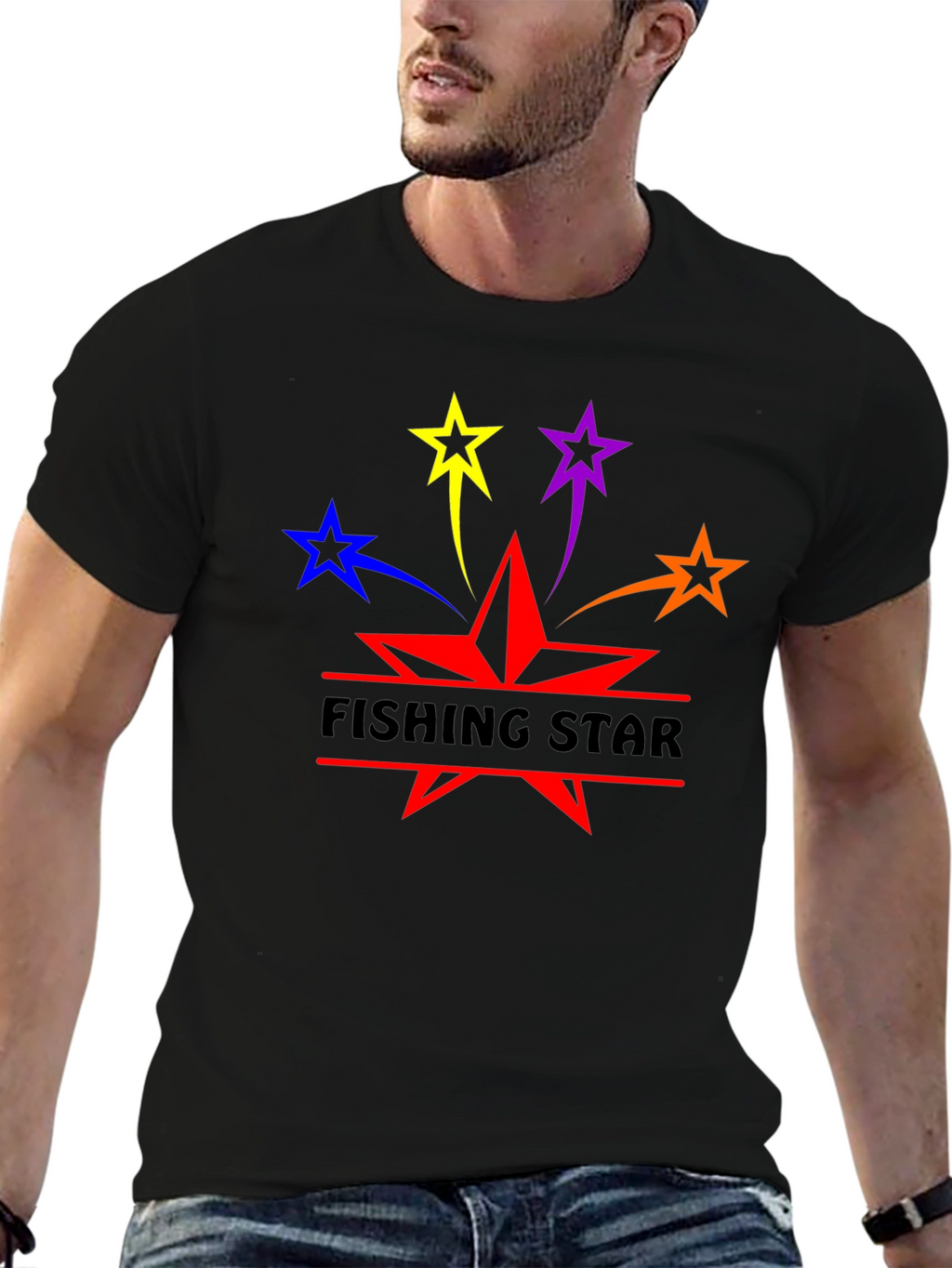 Fishing Star Graphic T-Shirt - Black Cotton Blend