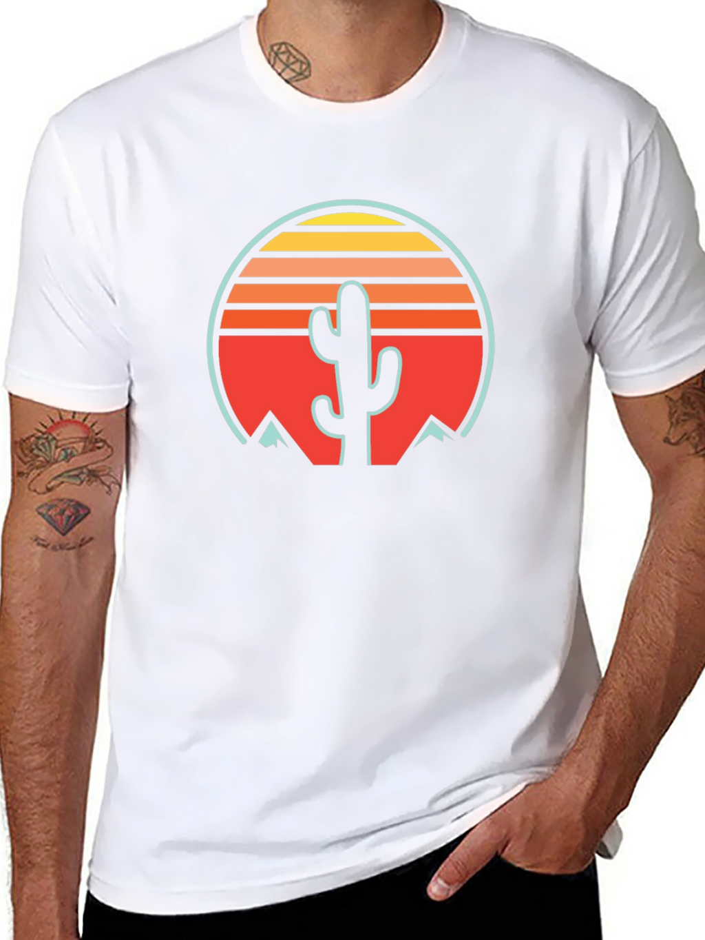 Retro Cactus Sunset Graphic Tee - Black Cotton Blend