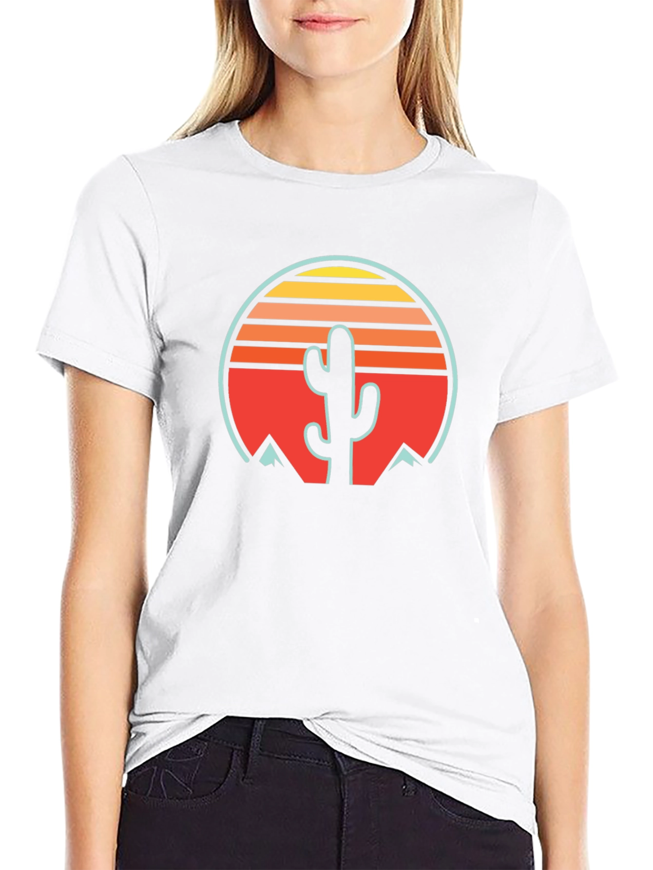 Retro Cactus Sunset Graphic Tee - Black Cotton Blend