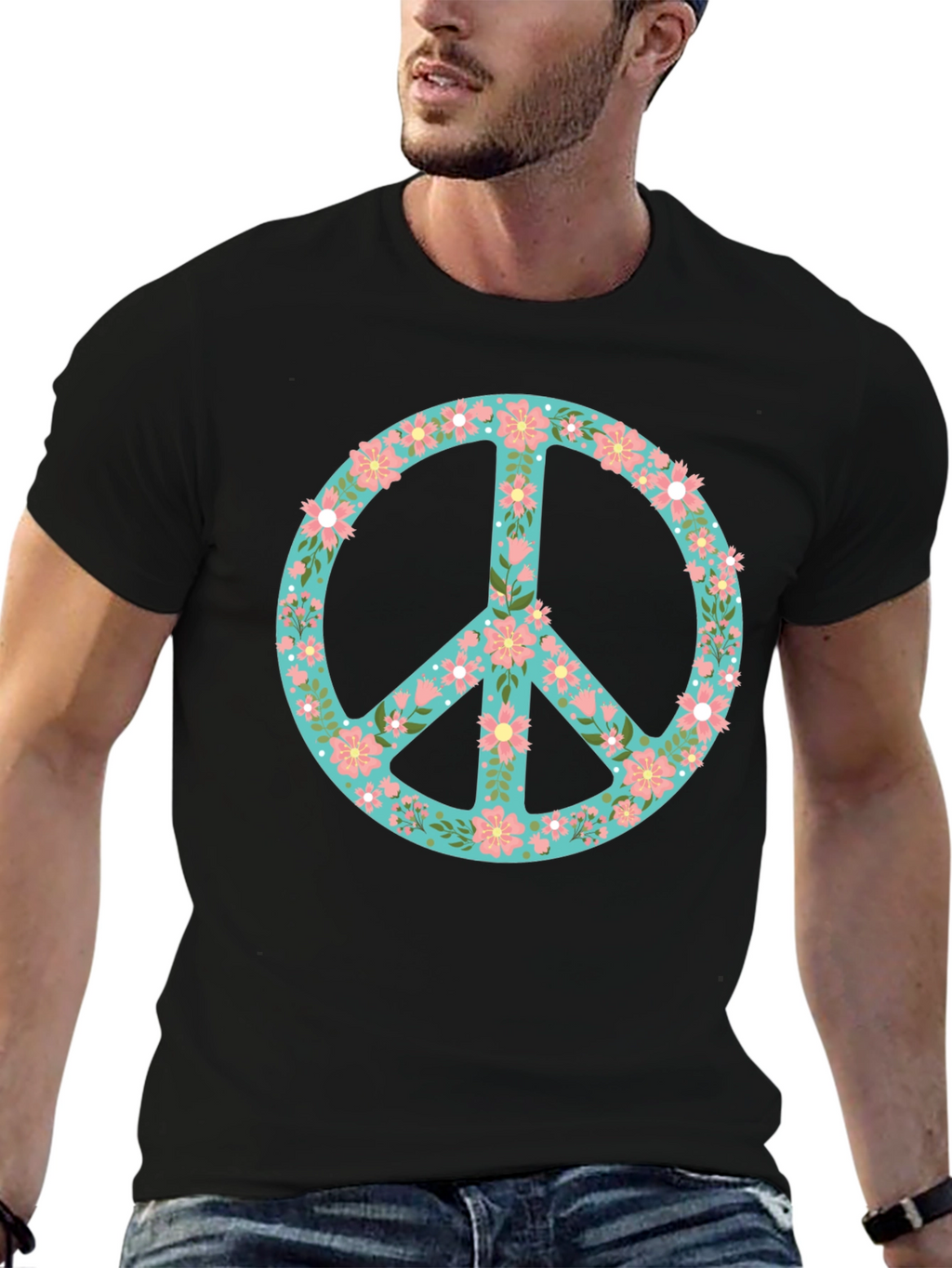 Floral Peace Sign Black T-Shirt