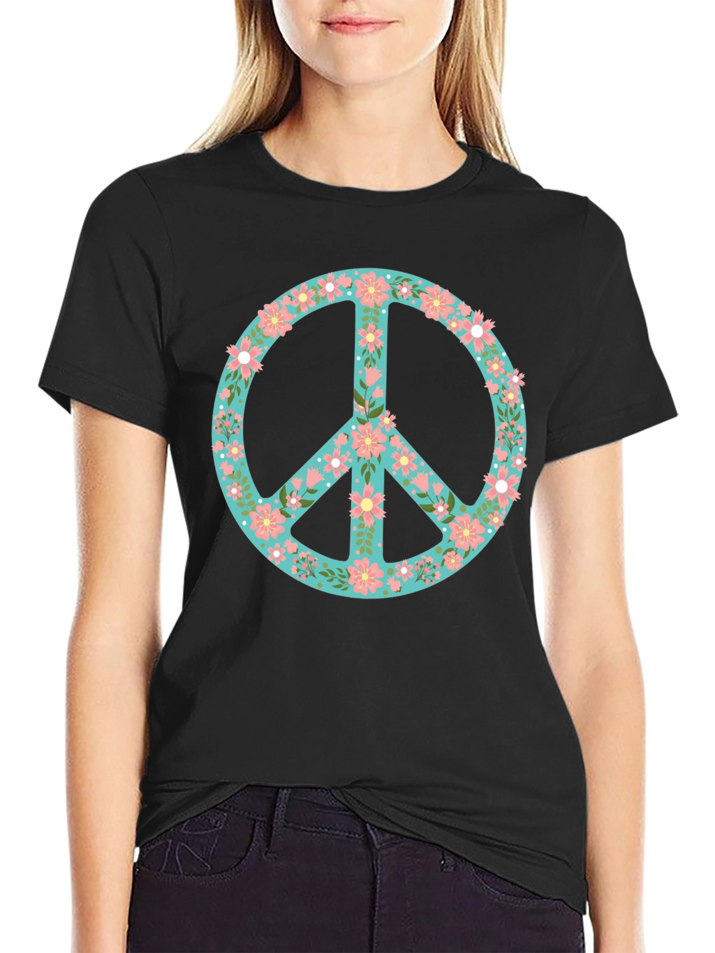 Floral Peace Sign Black T-Shirt