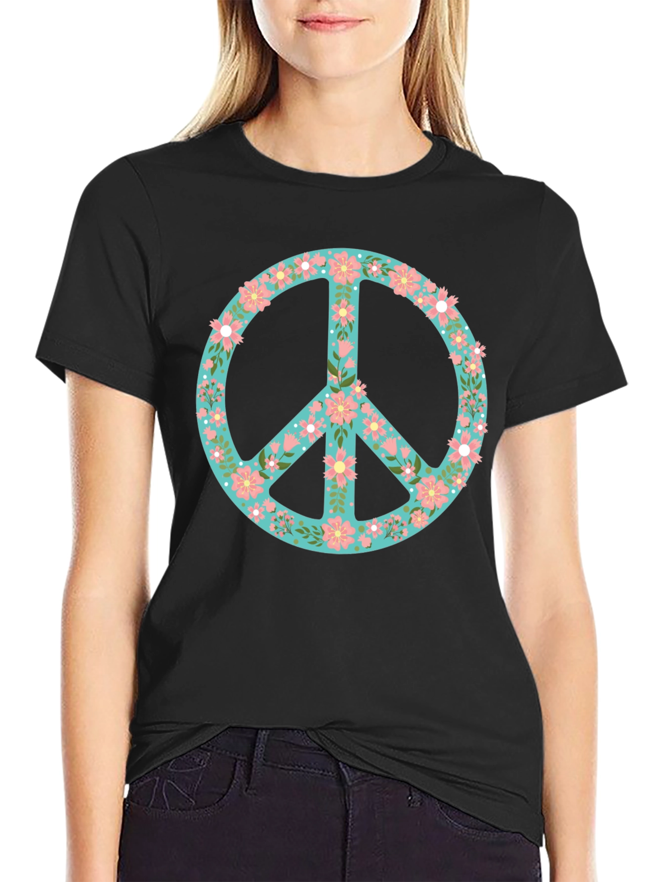 Floral Peace Sign Black T-Shirt