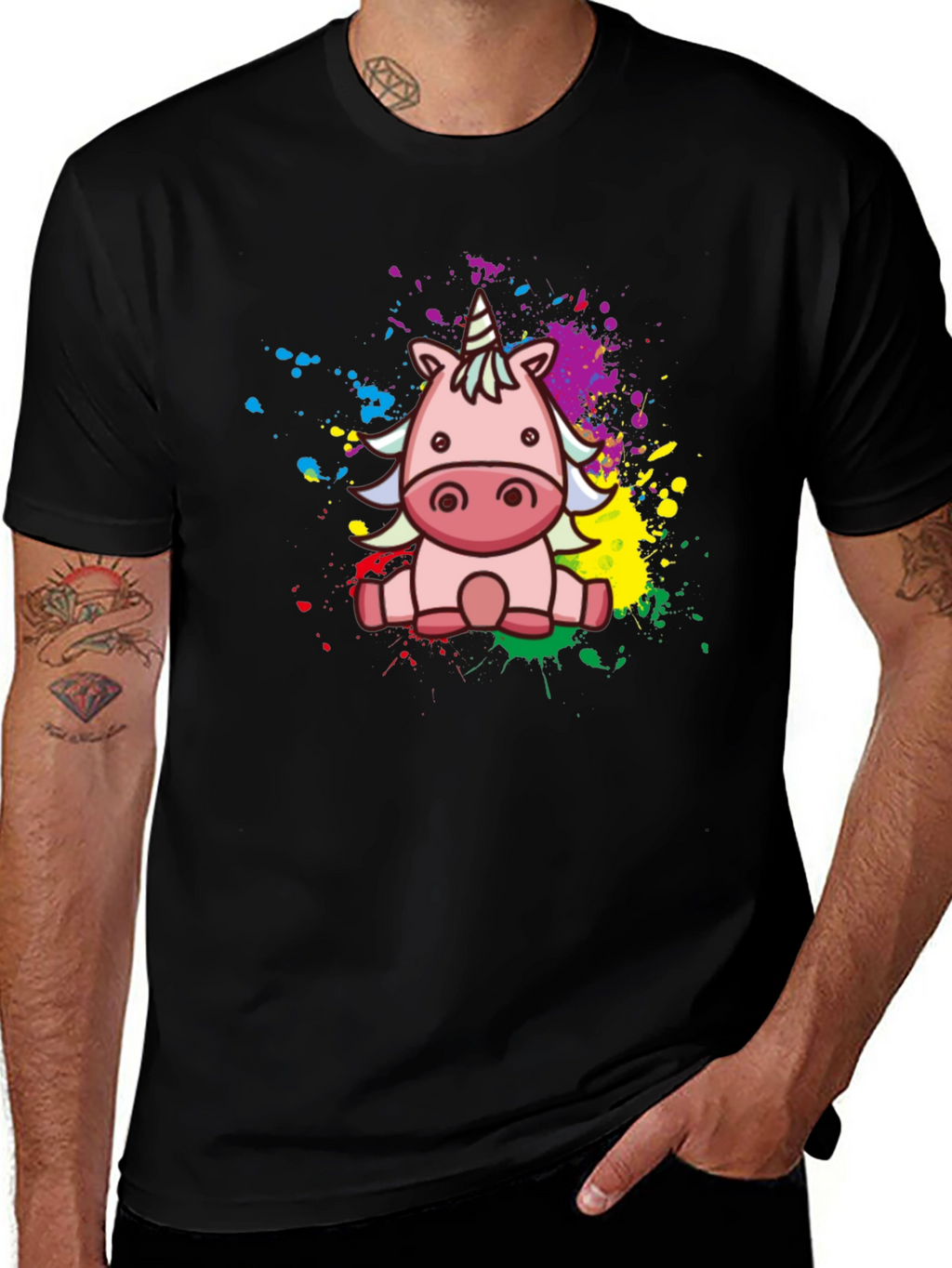 Cute Cartoon Unicorn Black T-Shirt