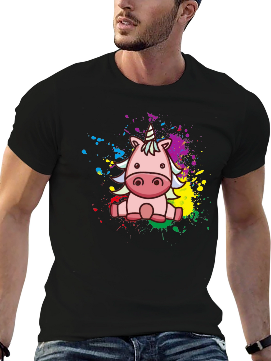 Cute Cartoon Unicorn Black T-Shirt