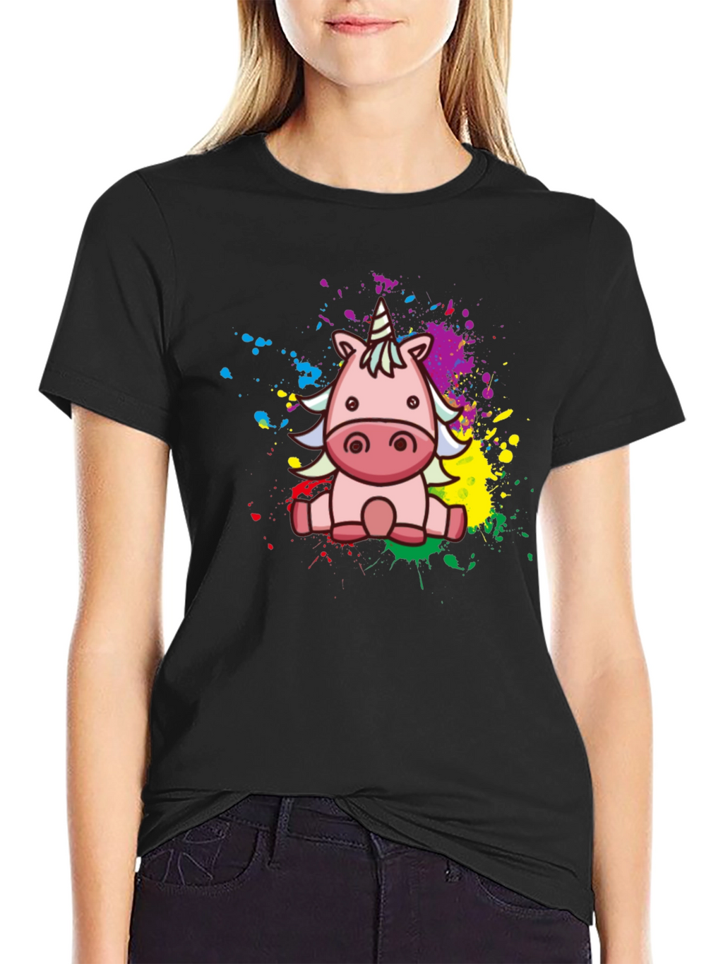 Cute Cartoon Unicorn Black T-Shirt
