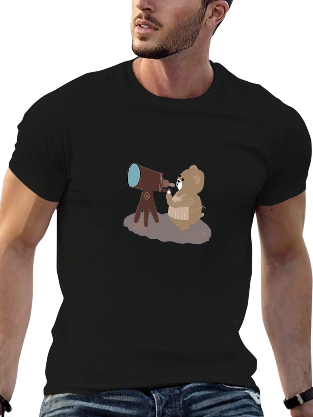 Bear with Telescope Black T-Shirt
