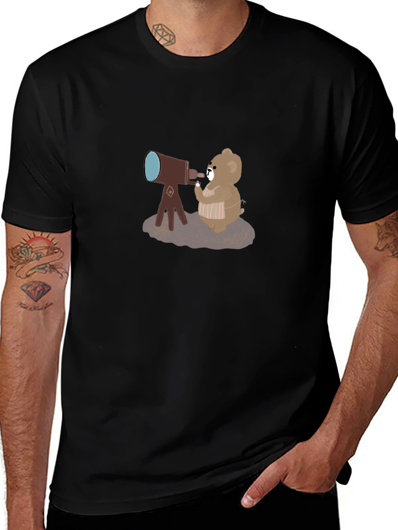 Bear with Telescope Black T-Shirt