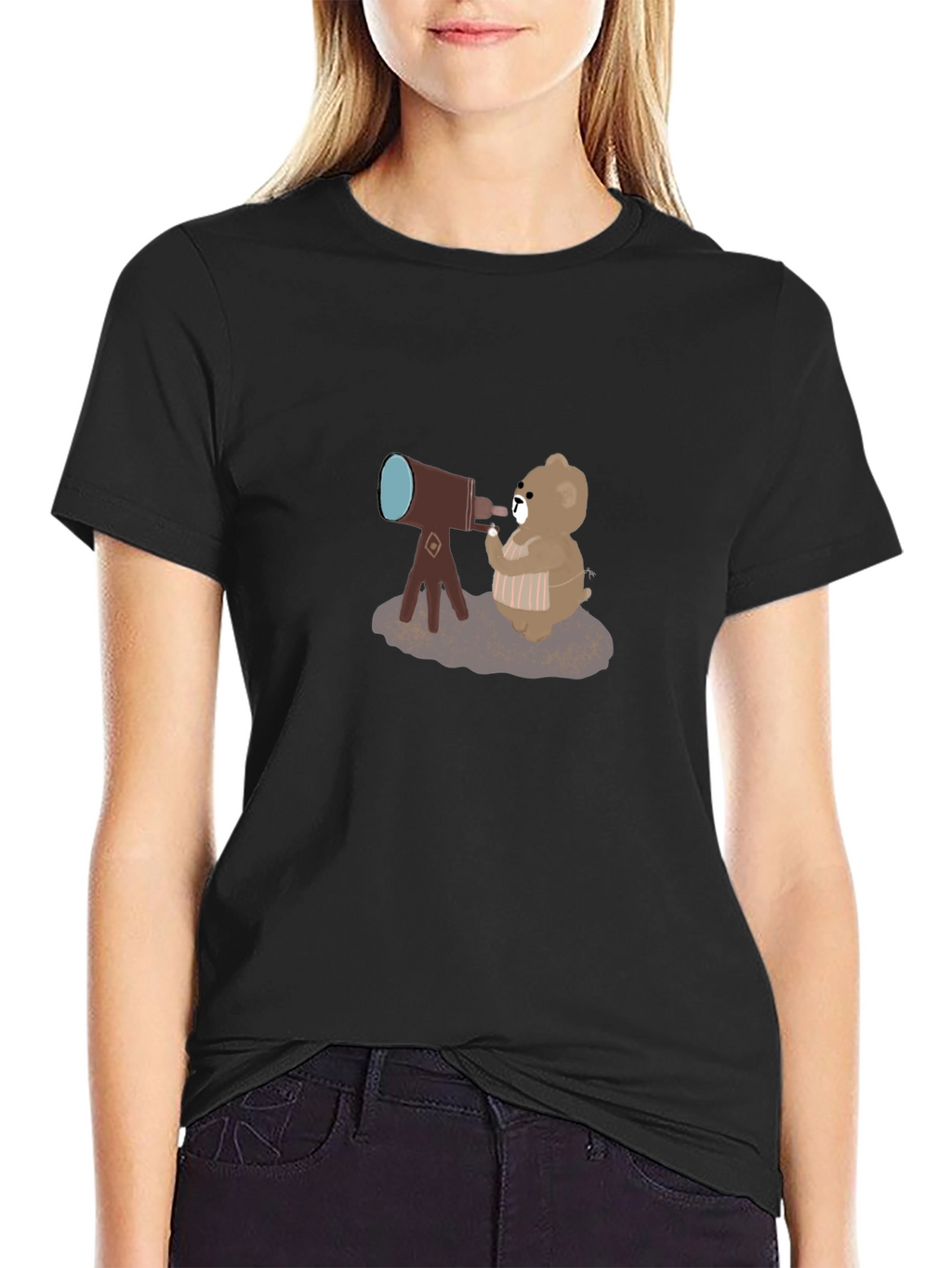 Bear with Telescope Black T-Shirt