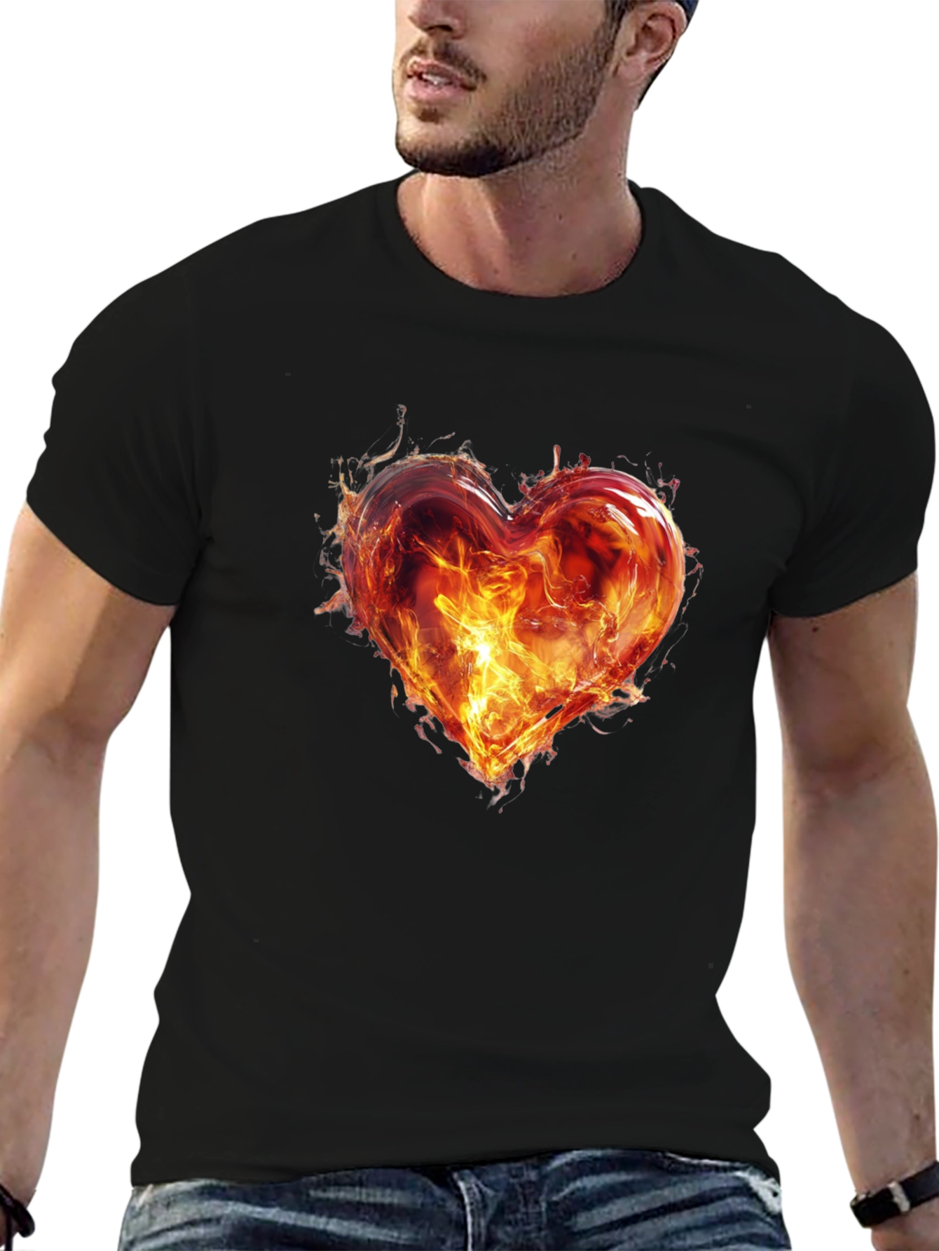 Fiery Heart Graphic T-Shirt - Bold Black Tee