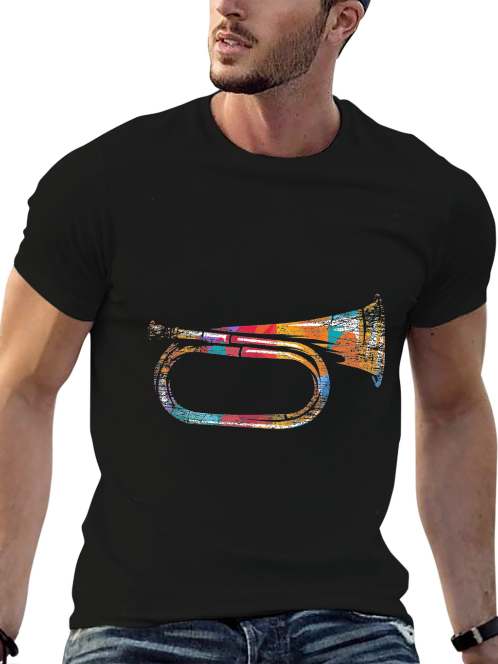 Retro Trumpet Graphic Tee - Black Cotton Blend T-Shirt