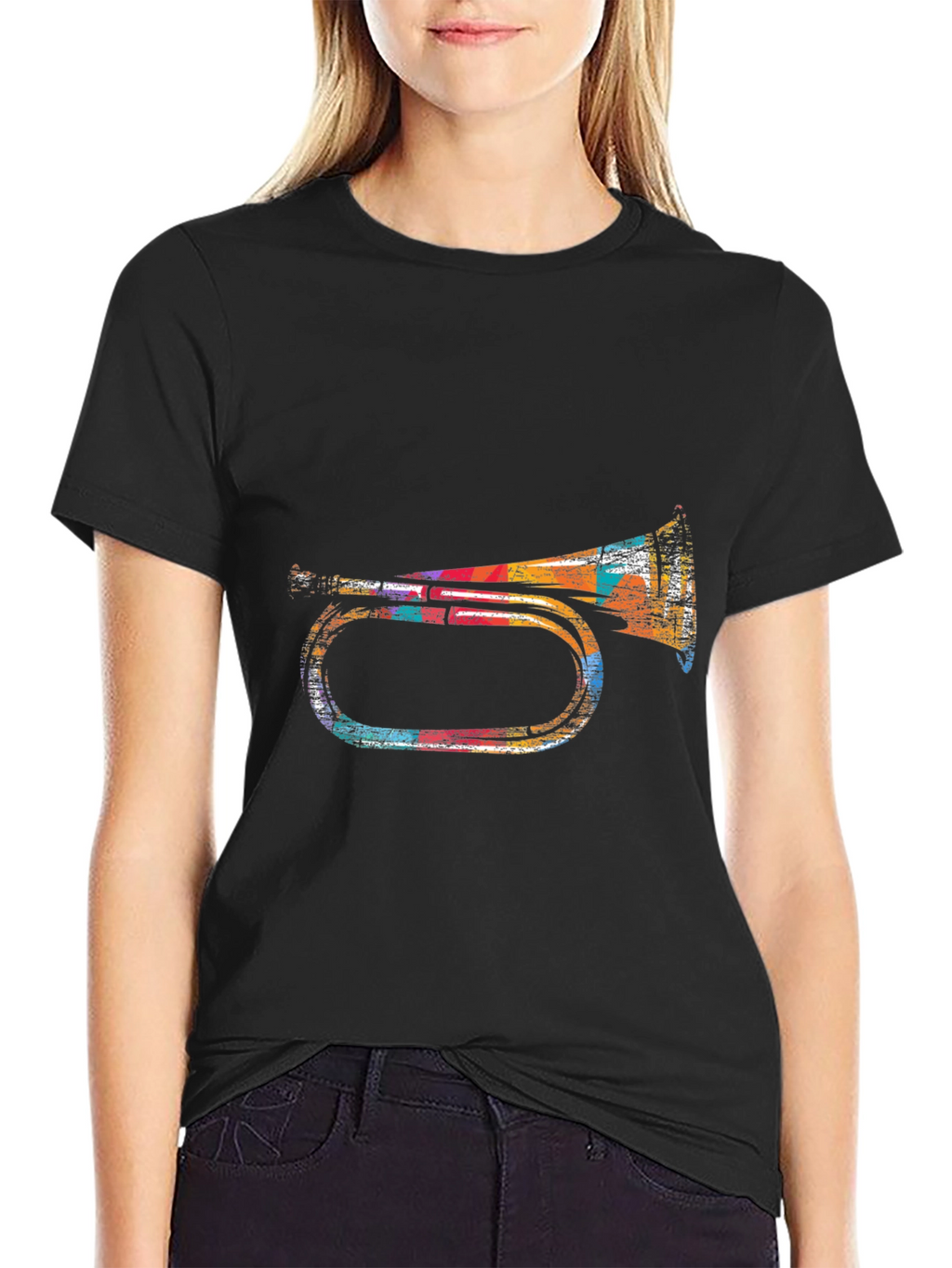 Retro Trumpet Graphic Tee - Black Cotton Blend T-Shirt
