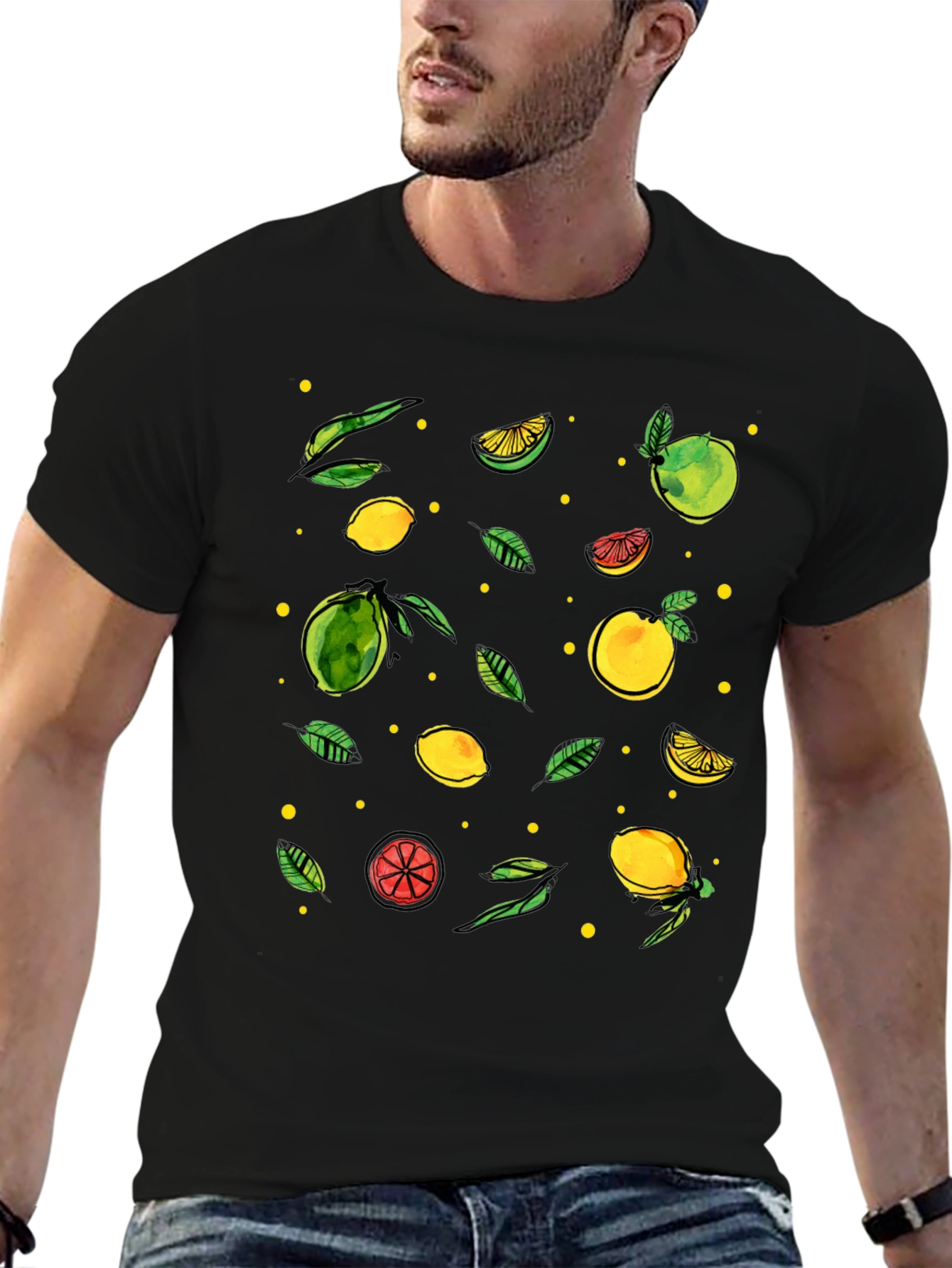 Citrus Pattern Black T-Shirt