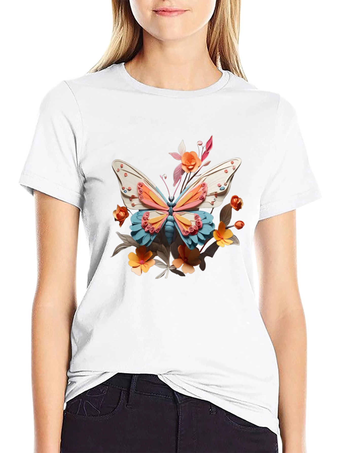 Butterfly Floral Graphic Black T-Shirt