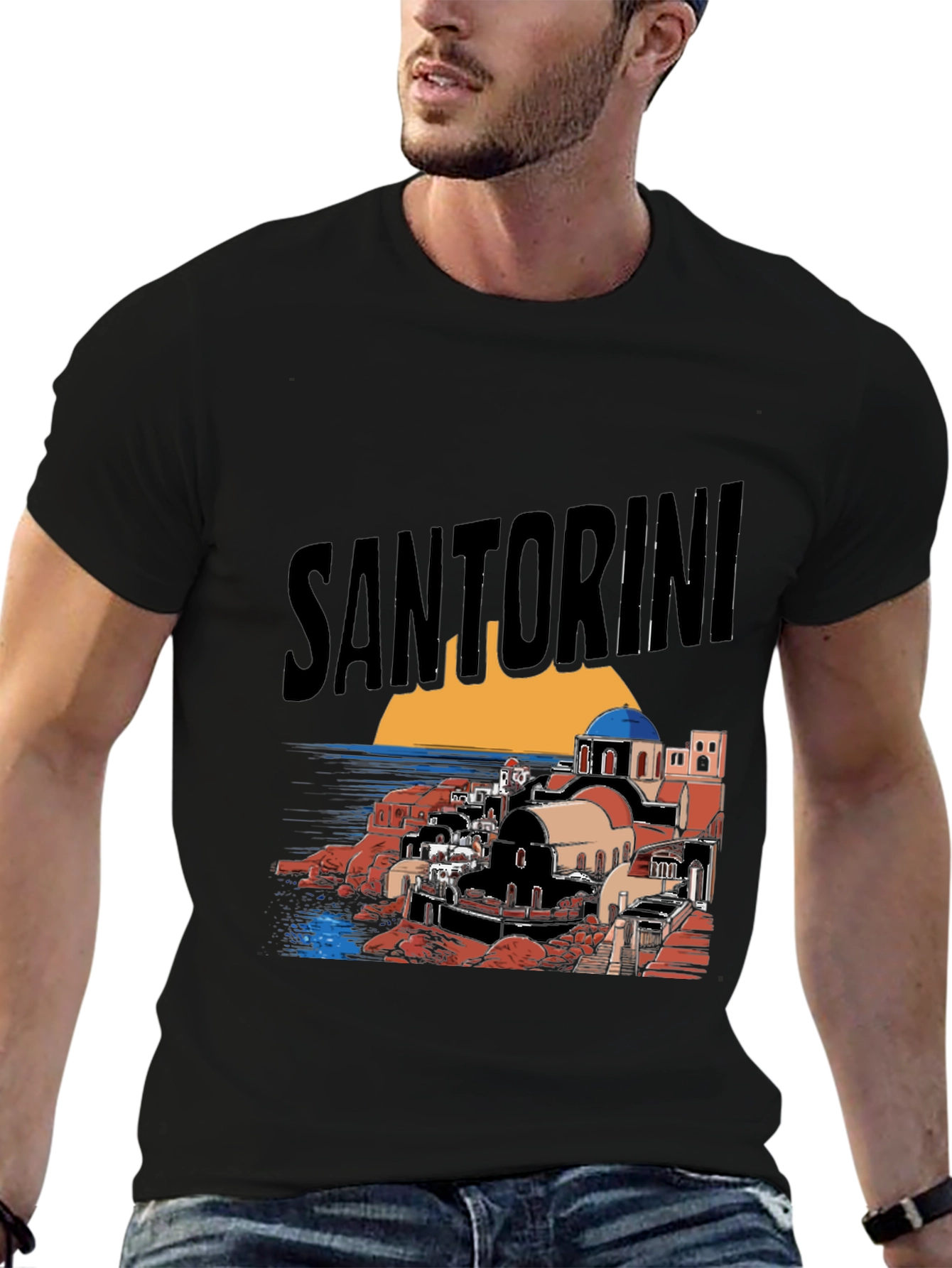Santorini Graphic Tee - Black Cotton T-Shirt
