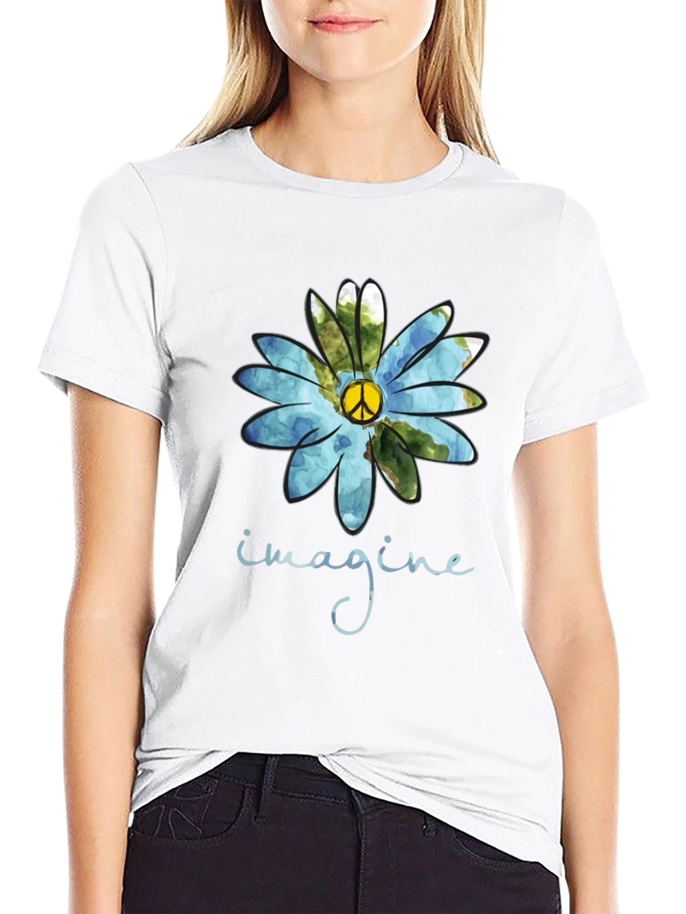 Imagine Peace Sign Flower Graphic T-Shirt