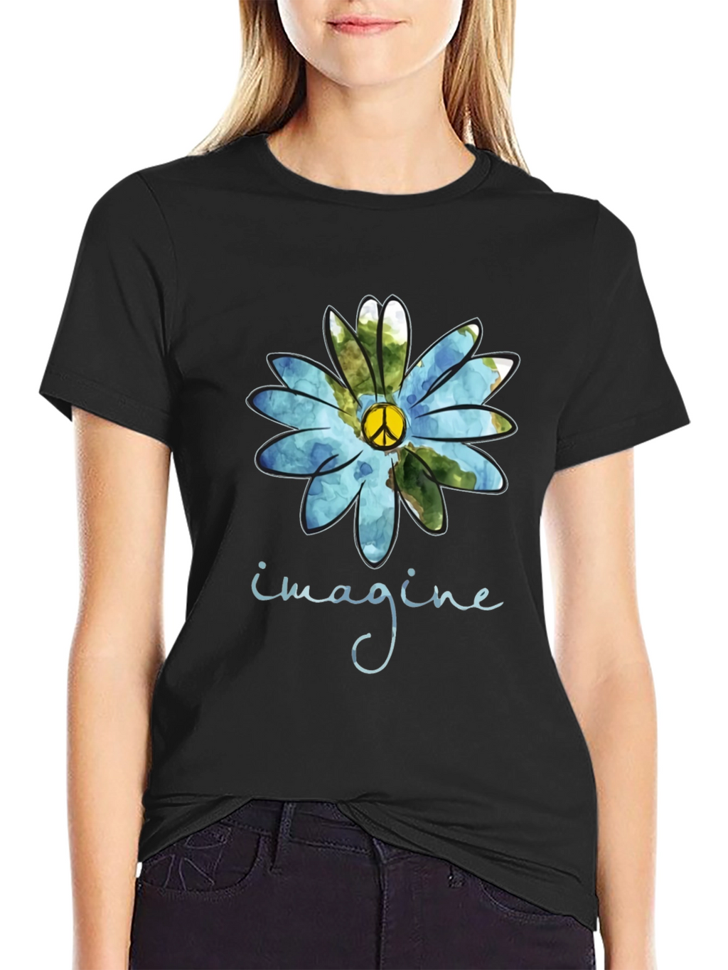 Imagine Peace Sign Flower Graphic T-Shirt