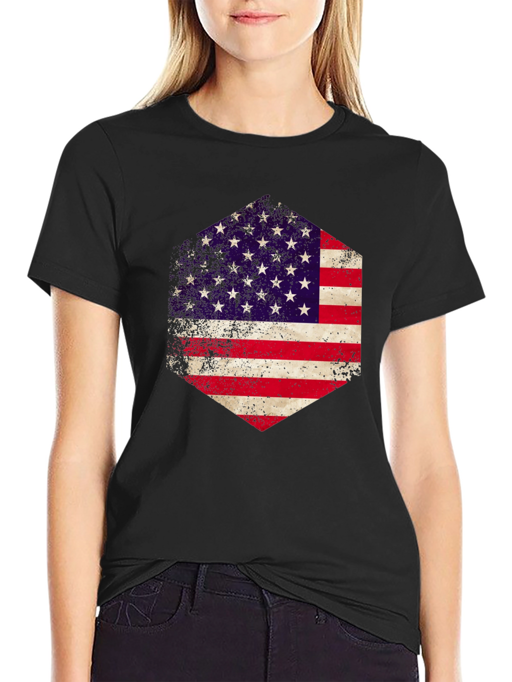 American Flag Hexagon Graphic Black T-Shirt