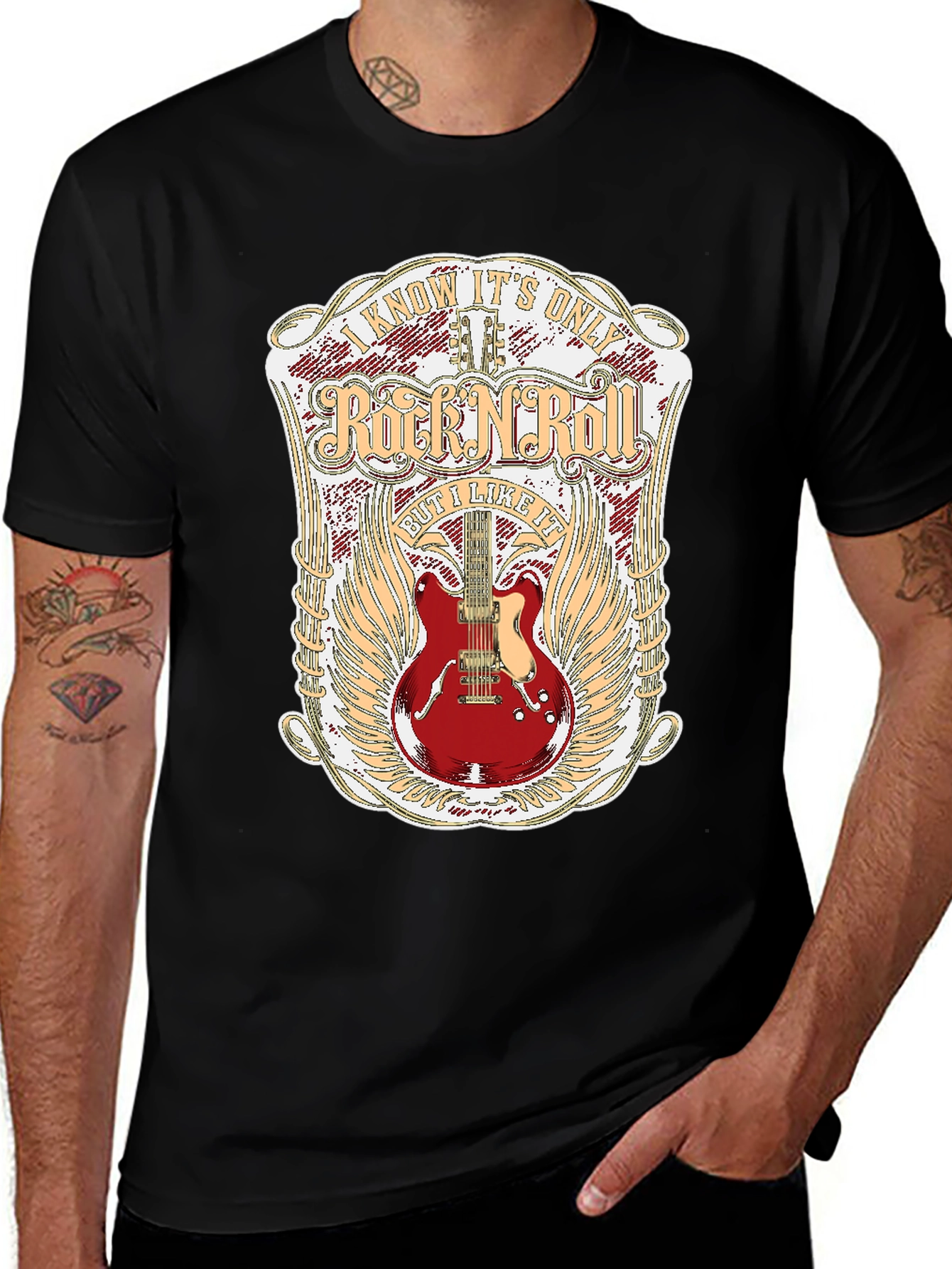Rock N Roll Guitar Graphic Tee - Black Cotton Shirt