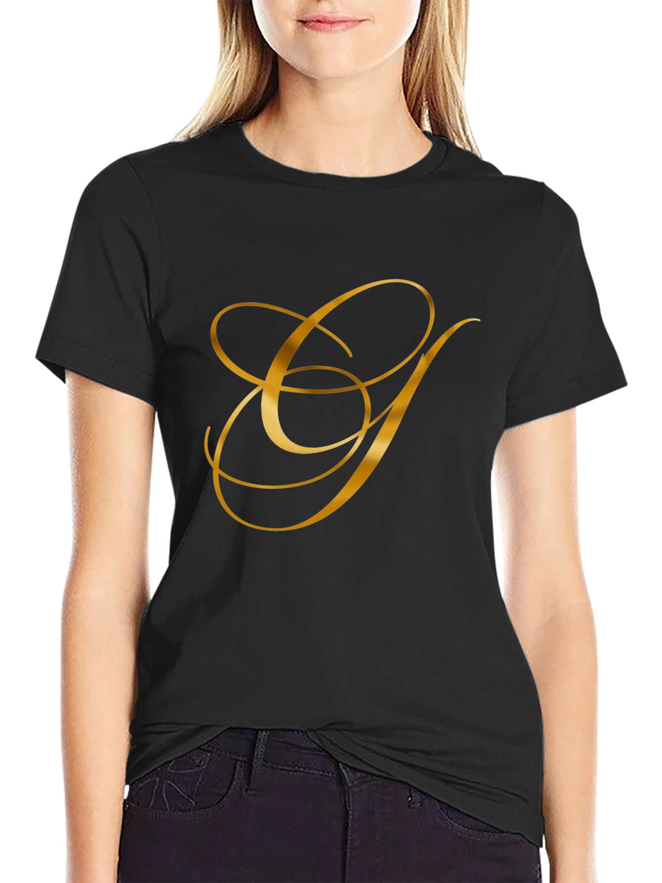 Elegant Gold Letter Graphic Black T-Shirt