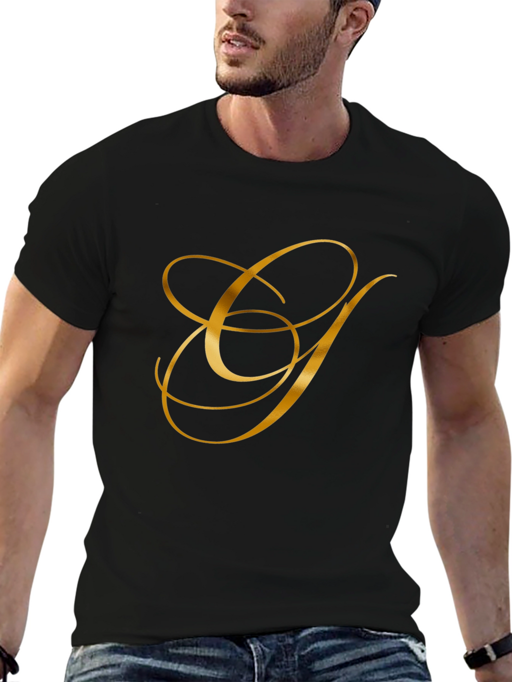 Elegant Gold Letter Graphic Black T-Shirt