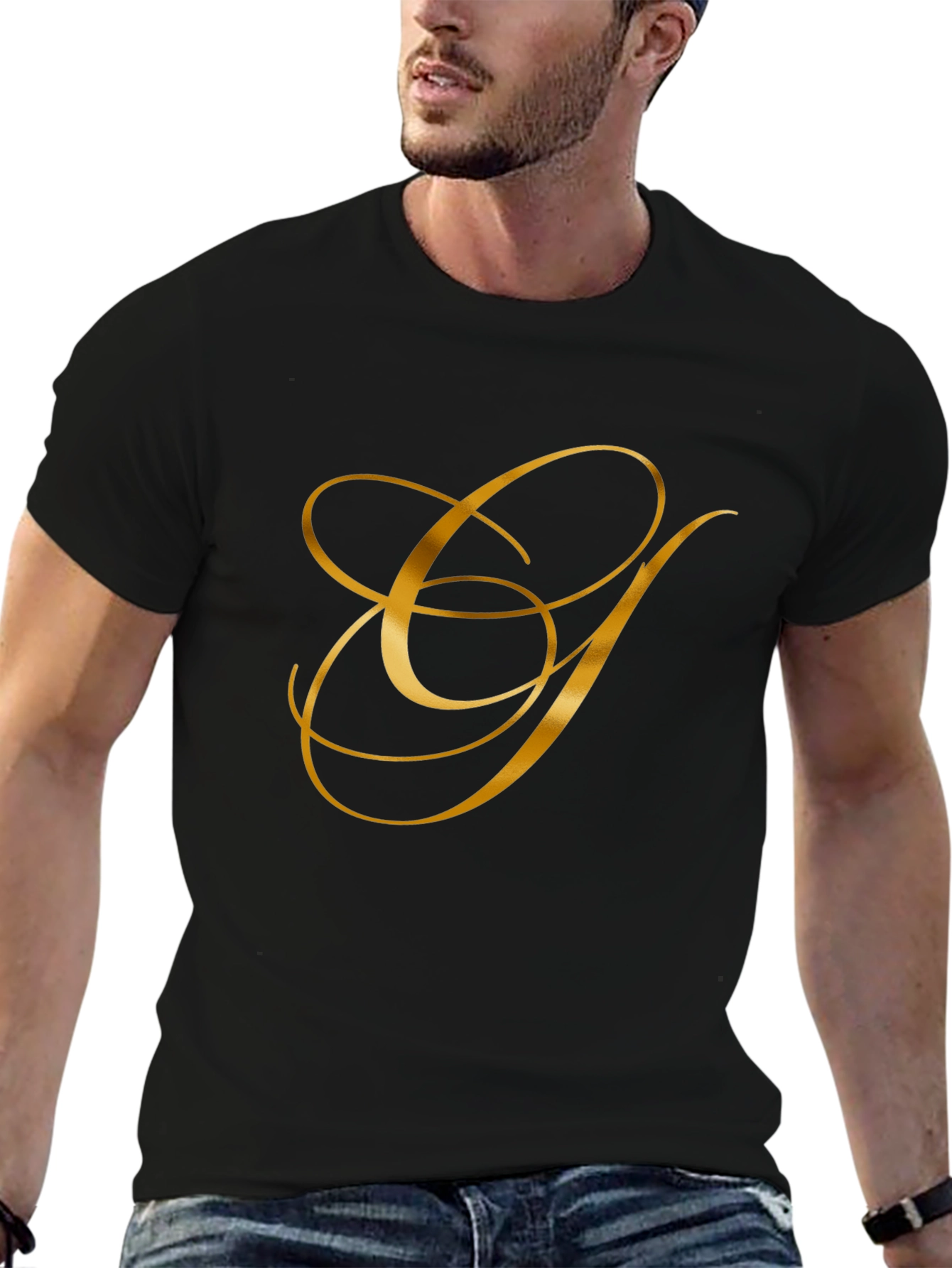 Elegant Gold Letter Graphic Black T-Shirt