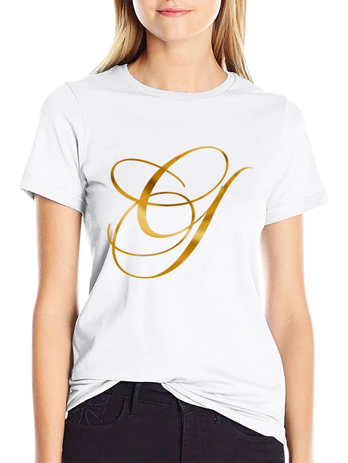 Elegant Gold Letter Graphic Black T-Shirt