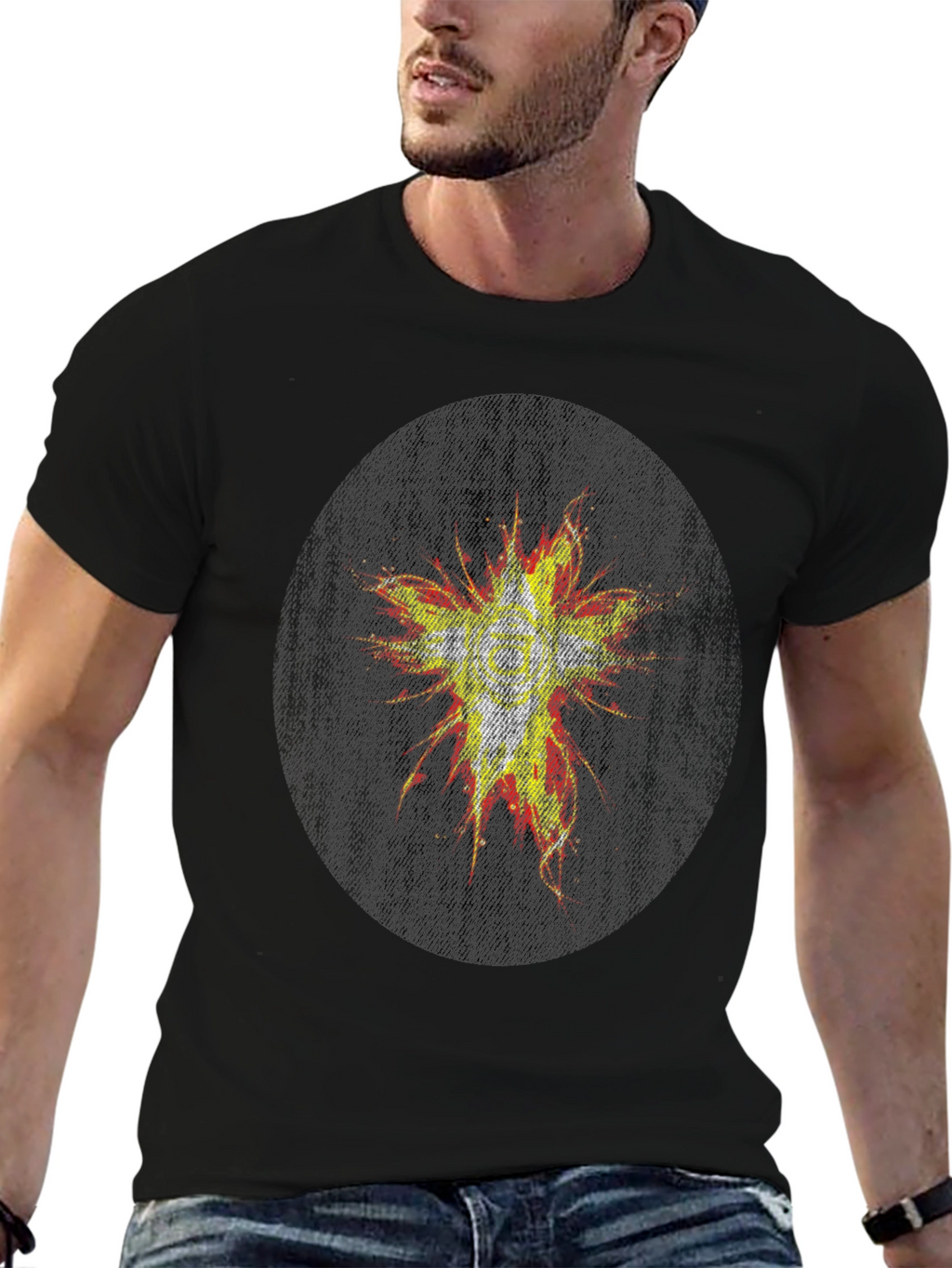 Mens Black Graphic Tee - Abstract Burst Design