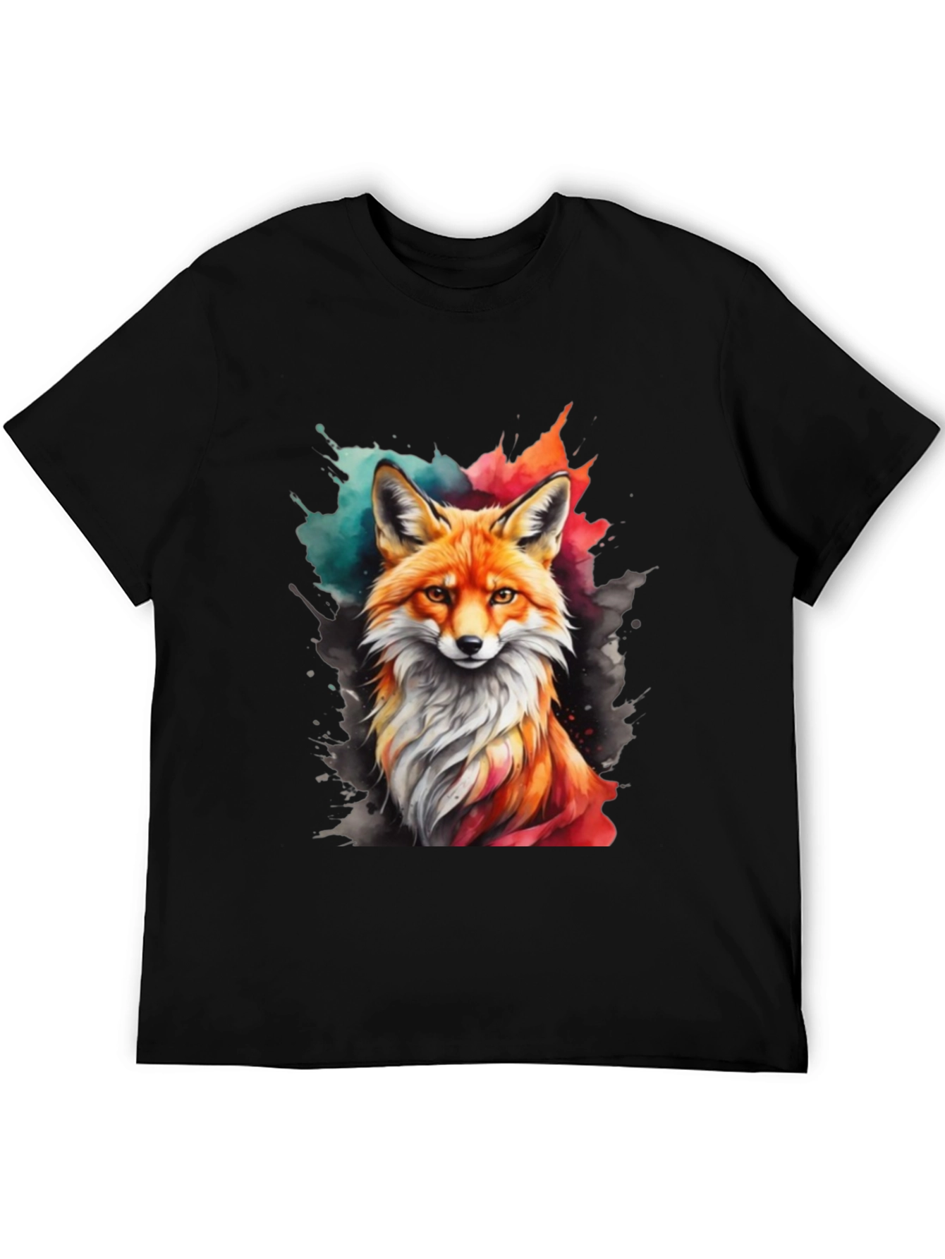 Watercolor Fox Graphic Tee - Stylish Mens Black T-Shirt