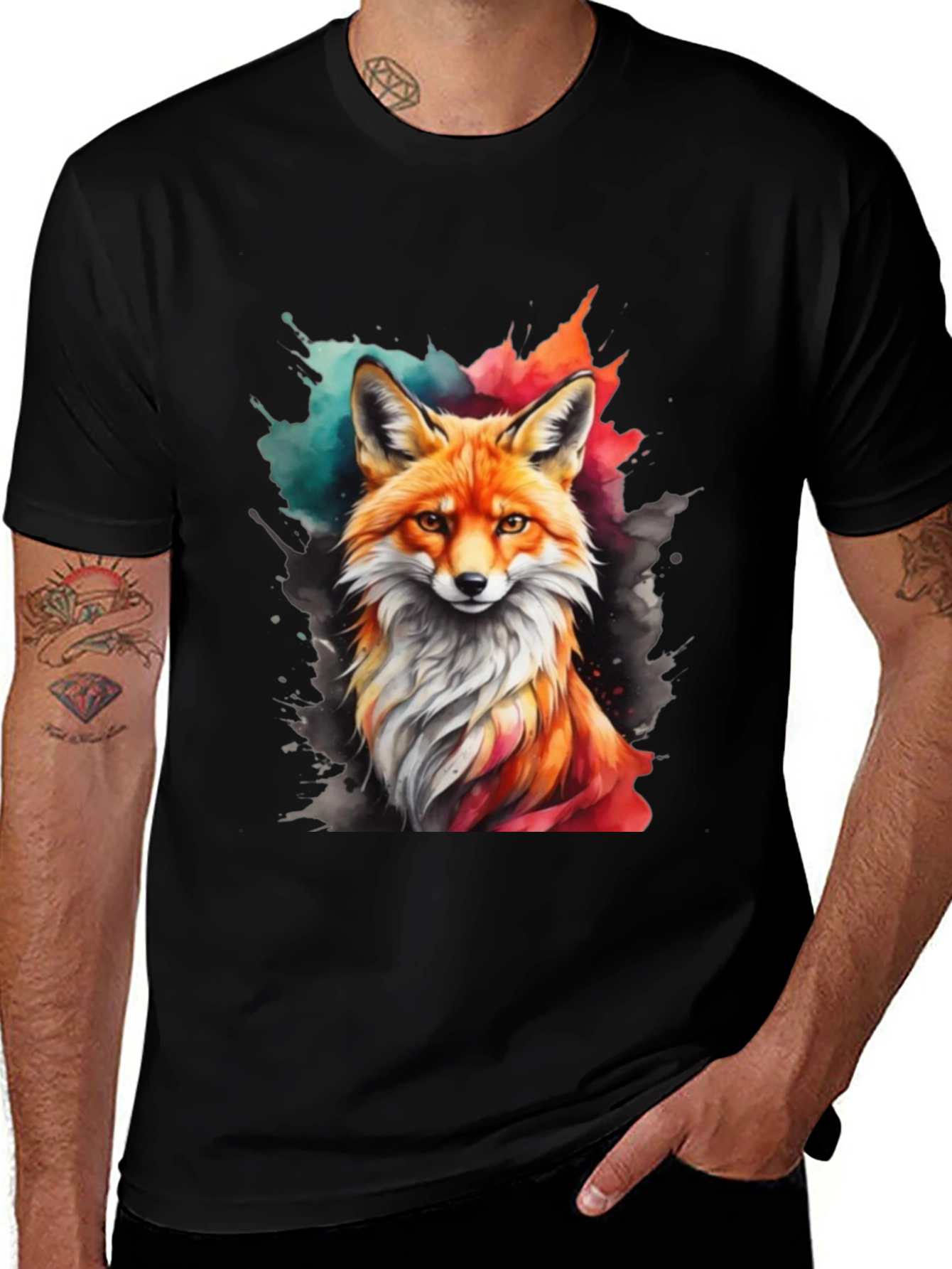 Watercolor Fox Graphic Tee - Stylish Mens Black T-Shirt