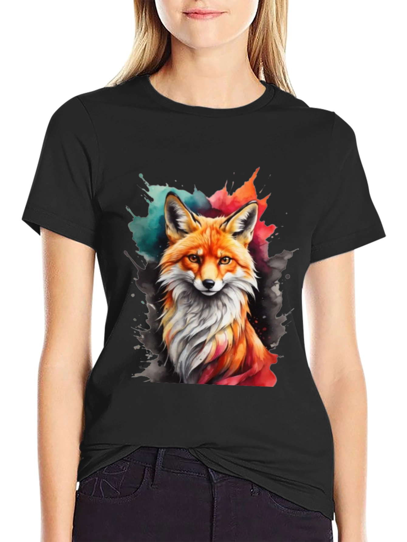 Watercolor Fox Graphic Tee - Stylish Mens Black T-Shirt