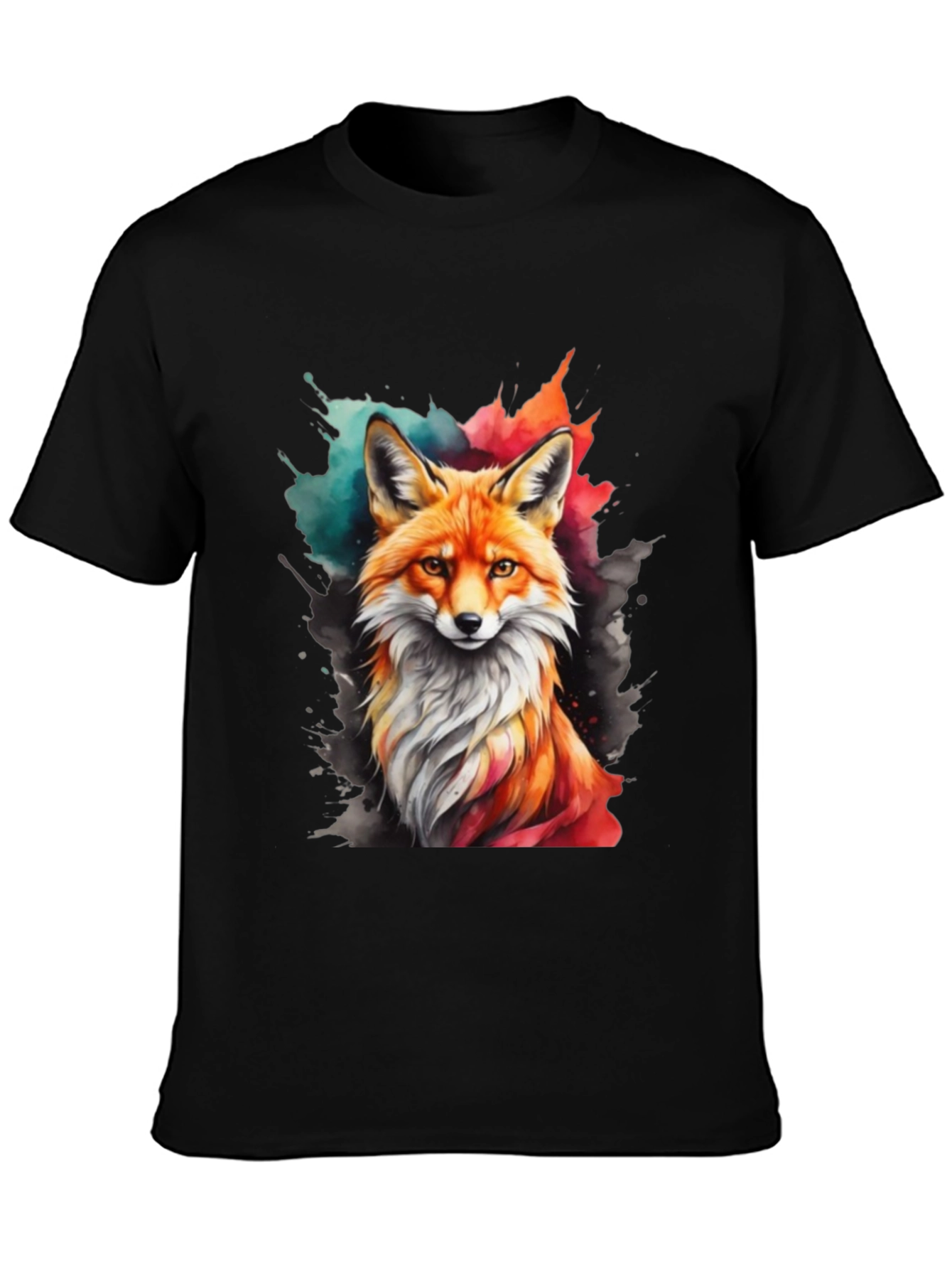 Watercolor Fox Graphic Tee - Stylish Mens Black T-Shirt