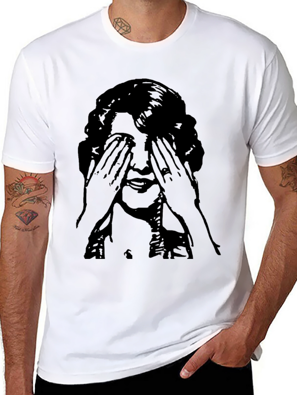 Black Graphic Tee - Woman Covering Eyes Print