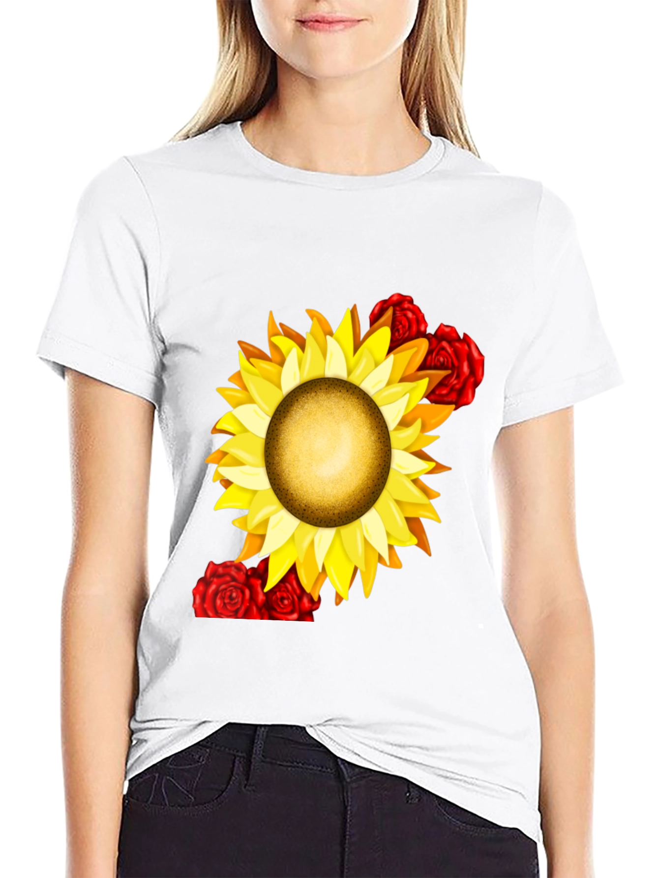 Sunflower & Rose Graphic Black T-Shirt