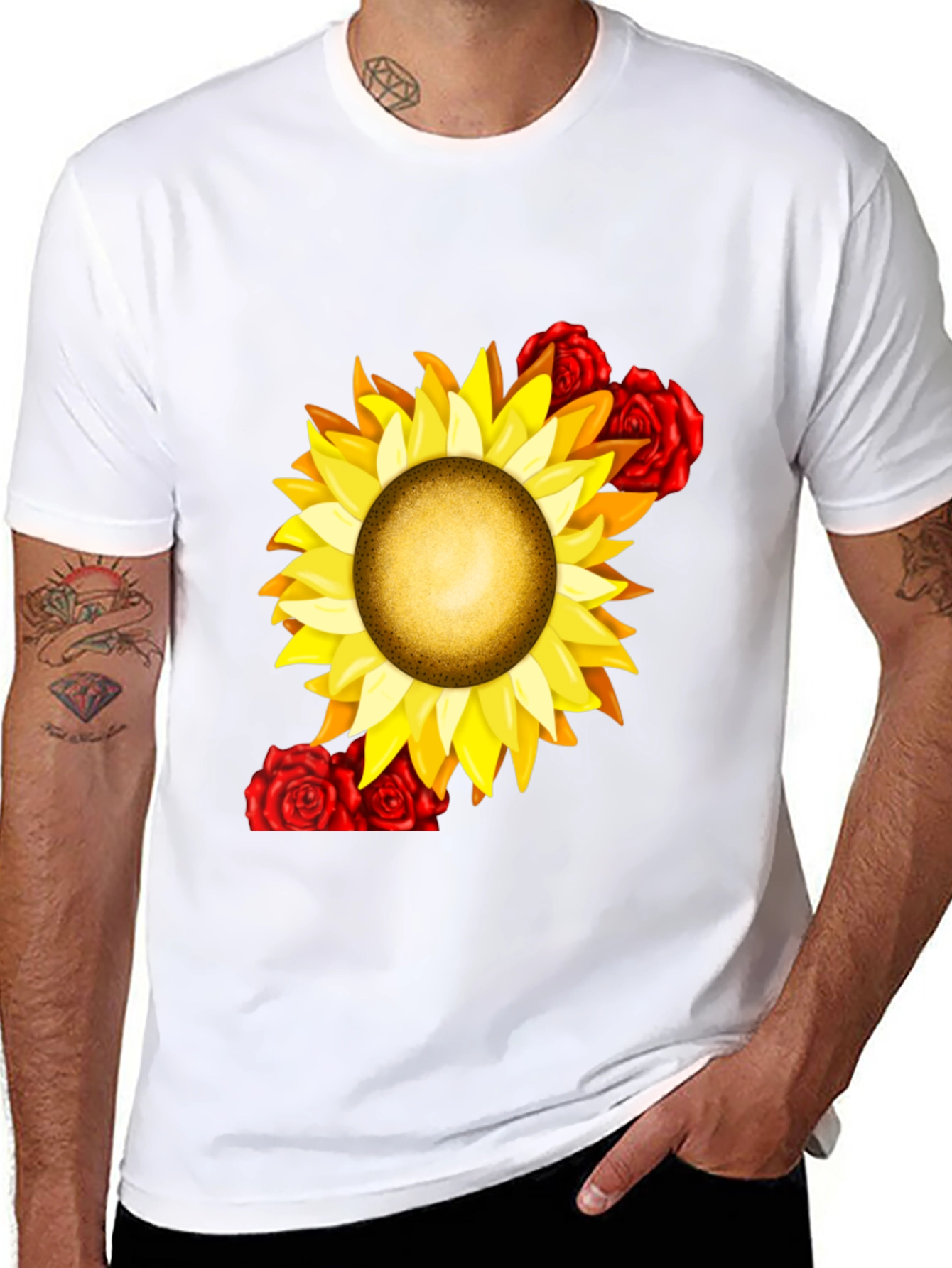 Sunflower & Rose Graphic Black T-Shirt
