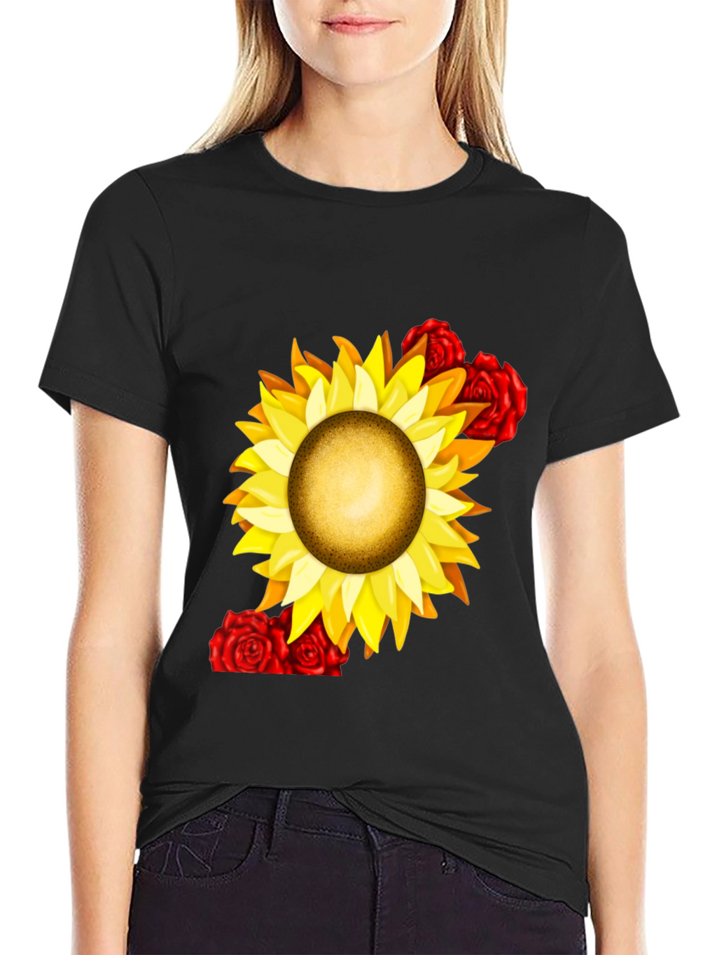 Sunflower & Rose Graphic Black T-Shirt