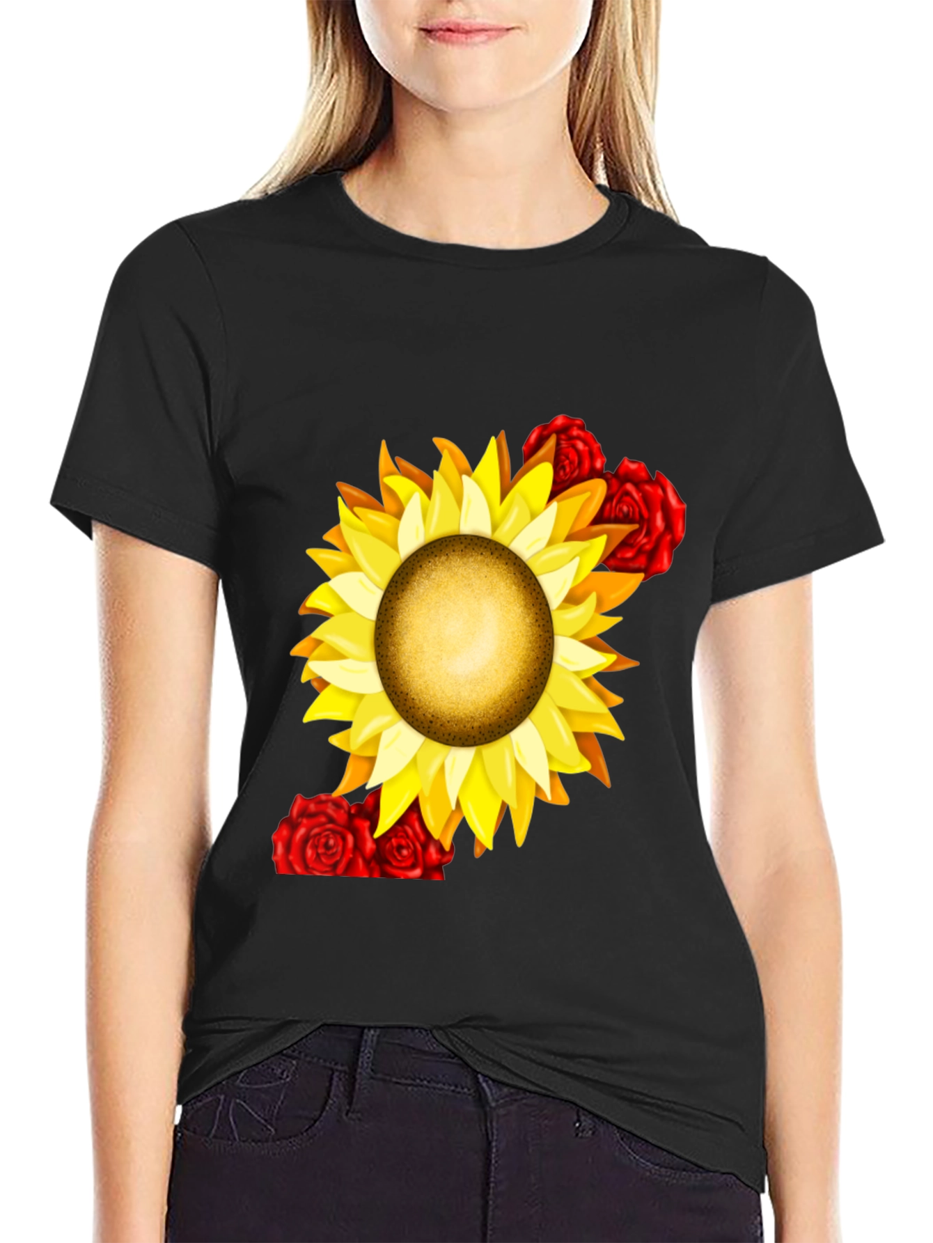 Sunflower & Rose Graphic Black T-Shirt