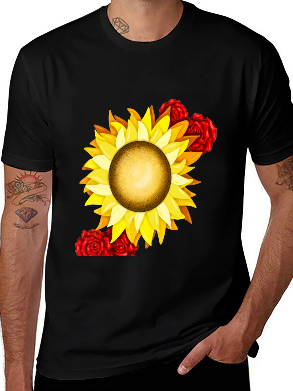 Sunflower & Rose Graphic Black T-Shirt