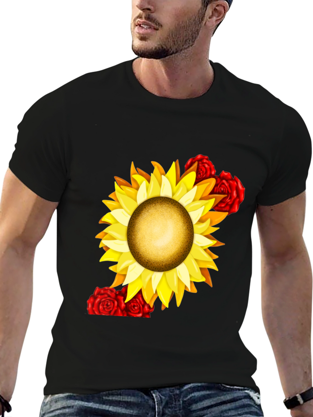 Sunflower & Rose Graphic Black T-Shirt