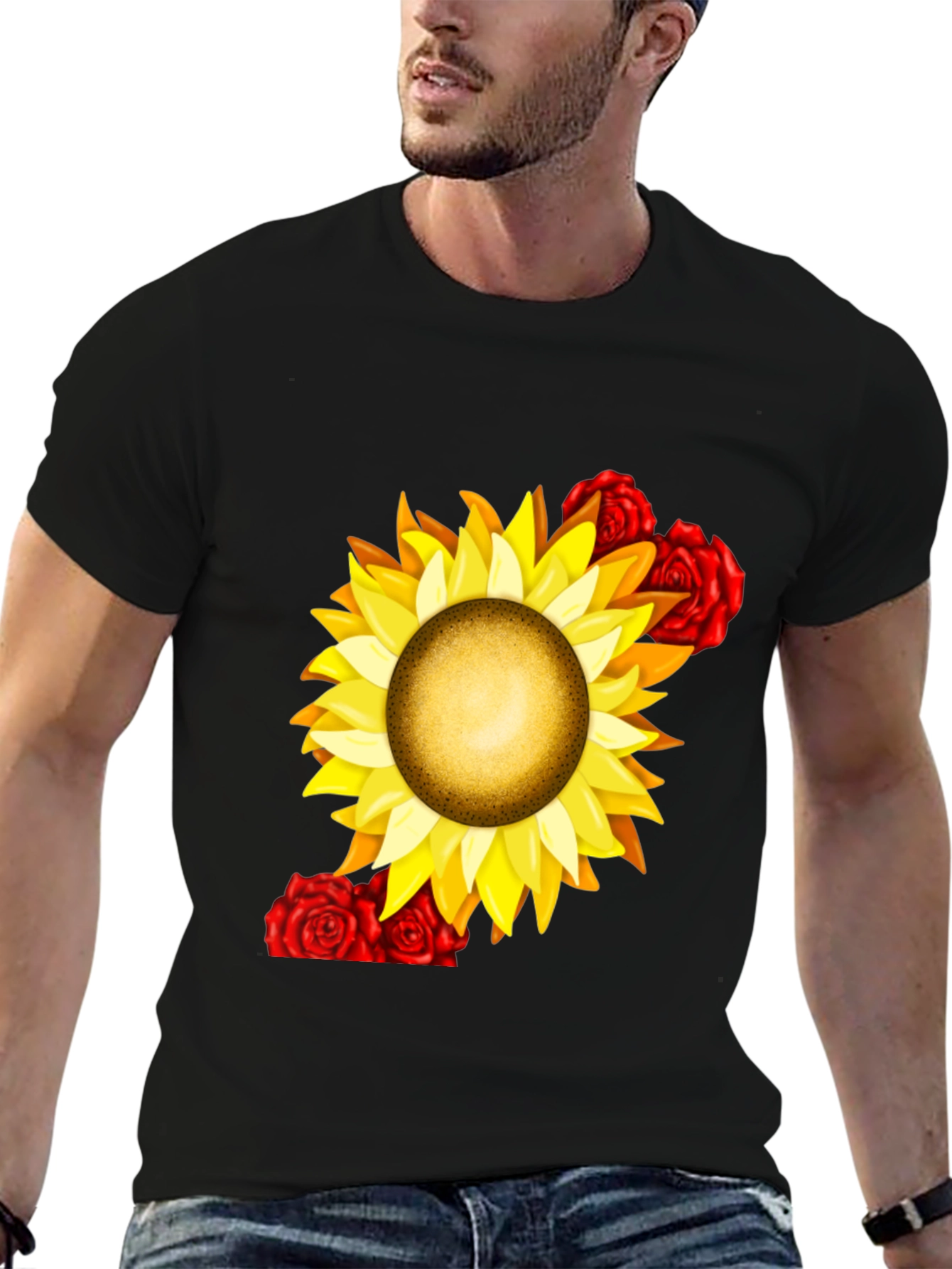 Sunflower & Rose Graphic Black T-Shirt
