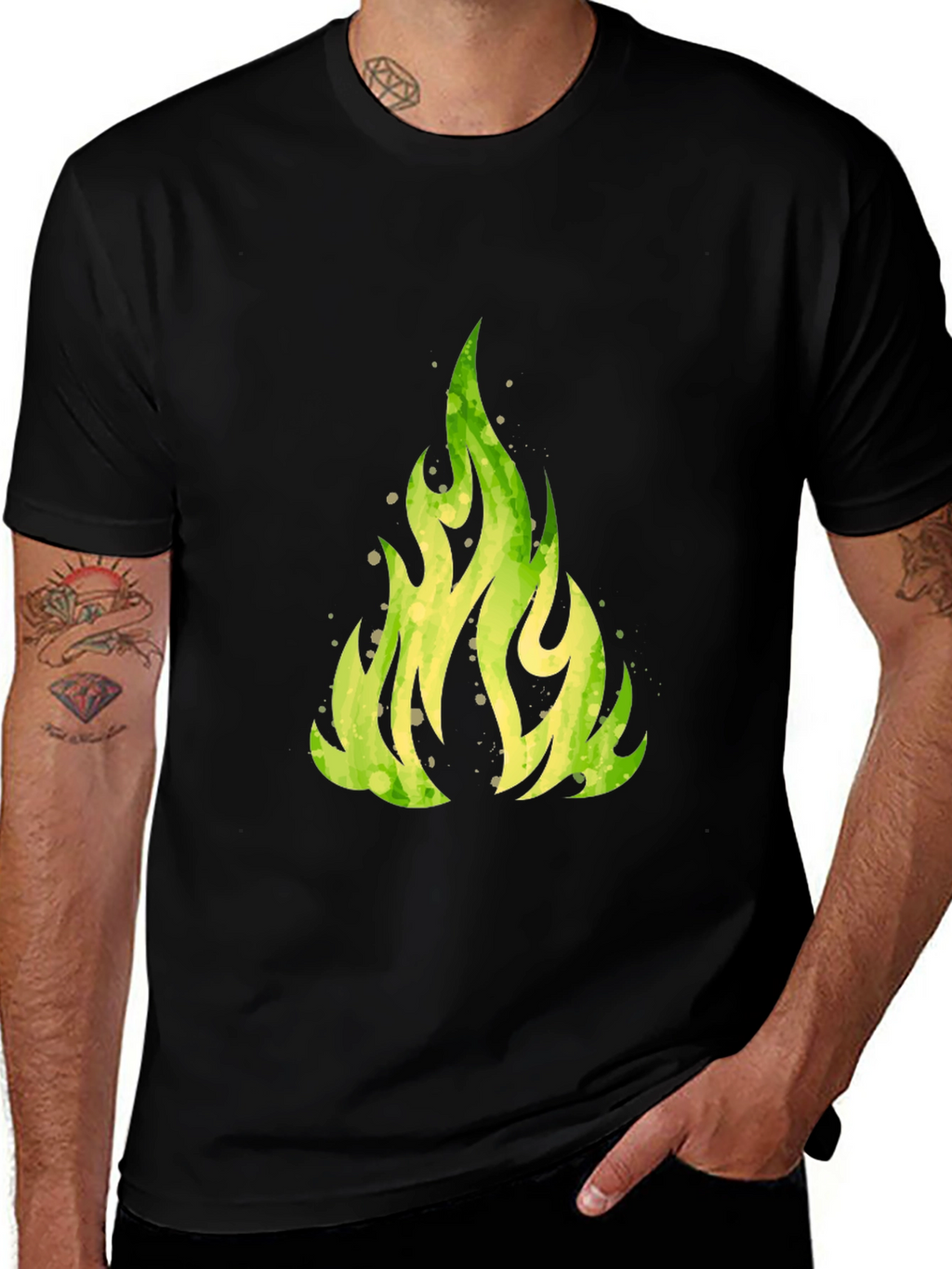 Green Flame Graphic Black T-Shirt