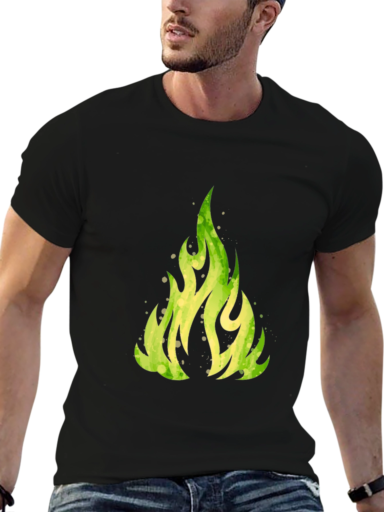 Green Flame Graphic Black T-Shirt