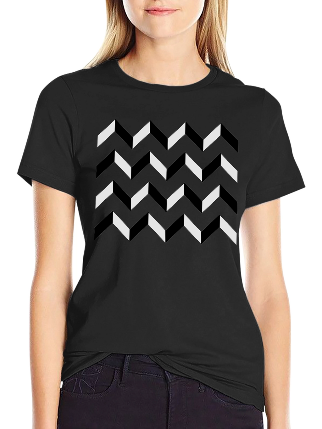 Geometric Chevron Pattern Black T-Shirt