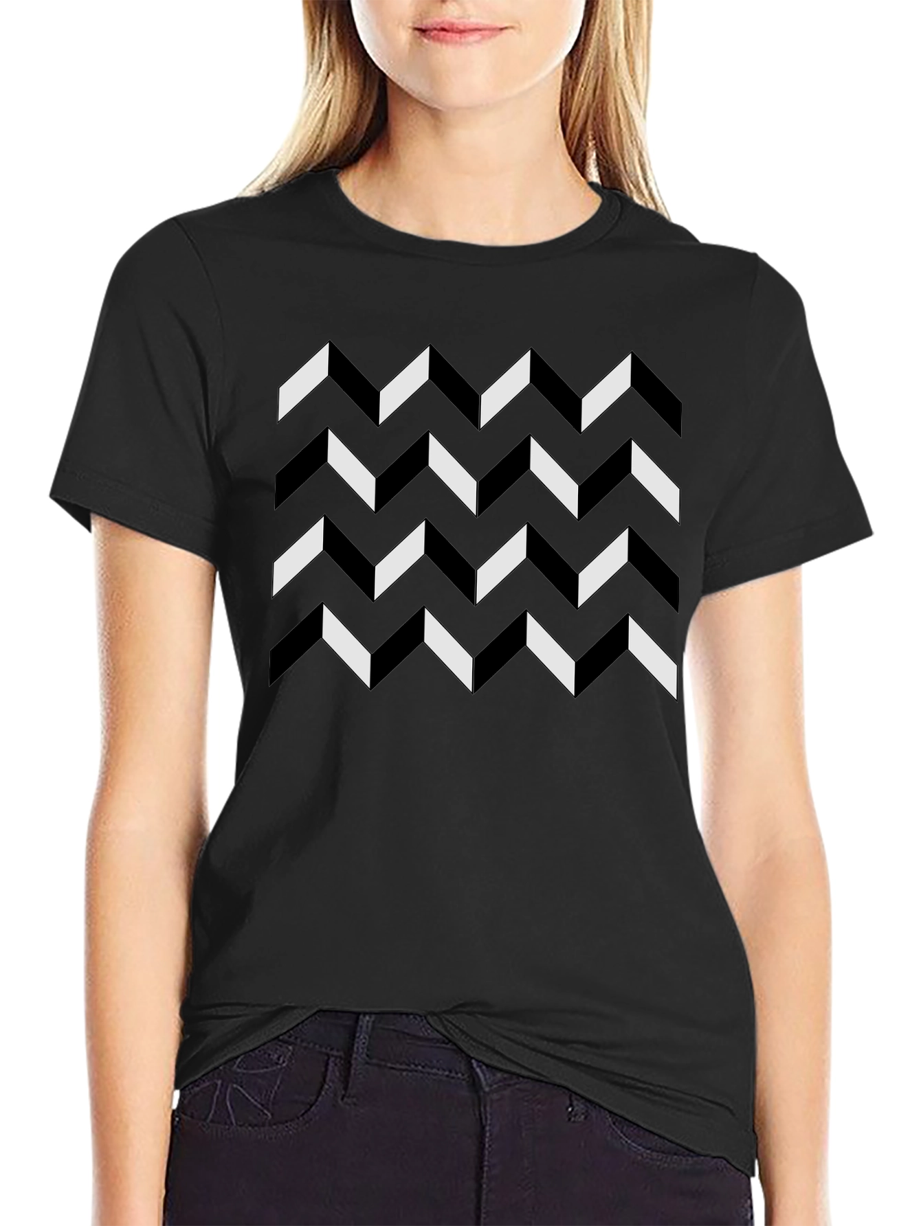 Geometric Chevron Pattern Black T-Shirt