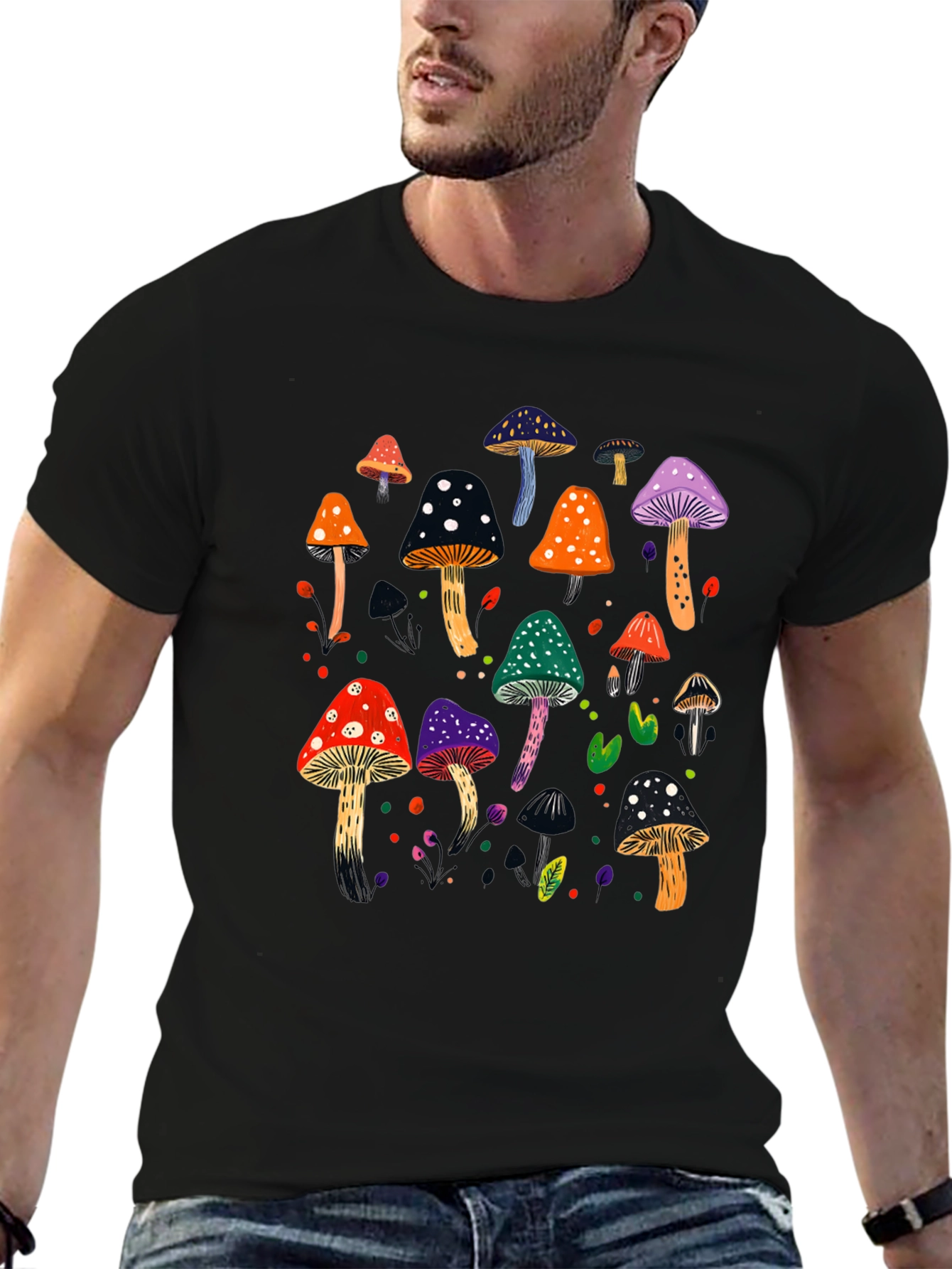 Mushroom Graphic Print Black T-Shirt
